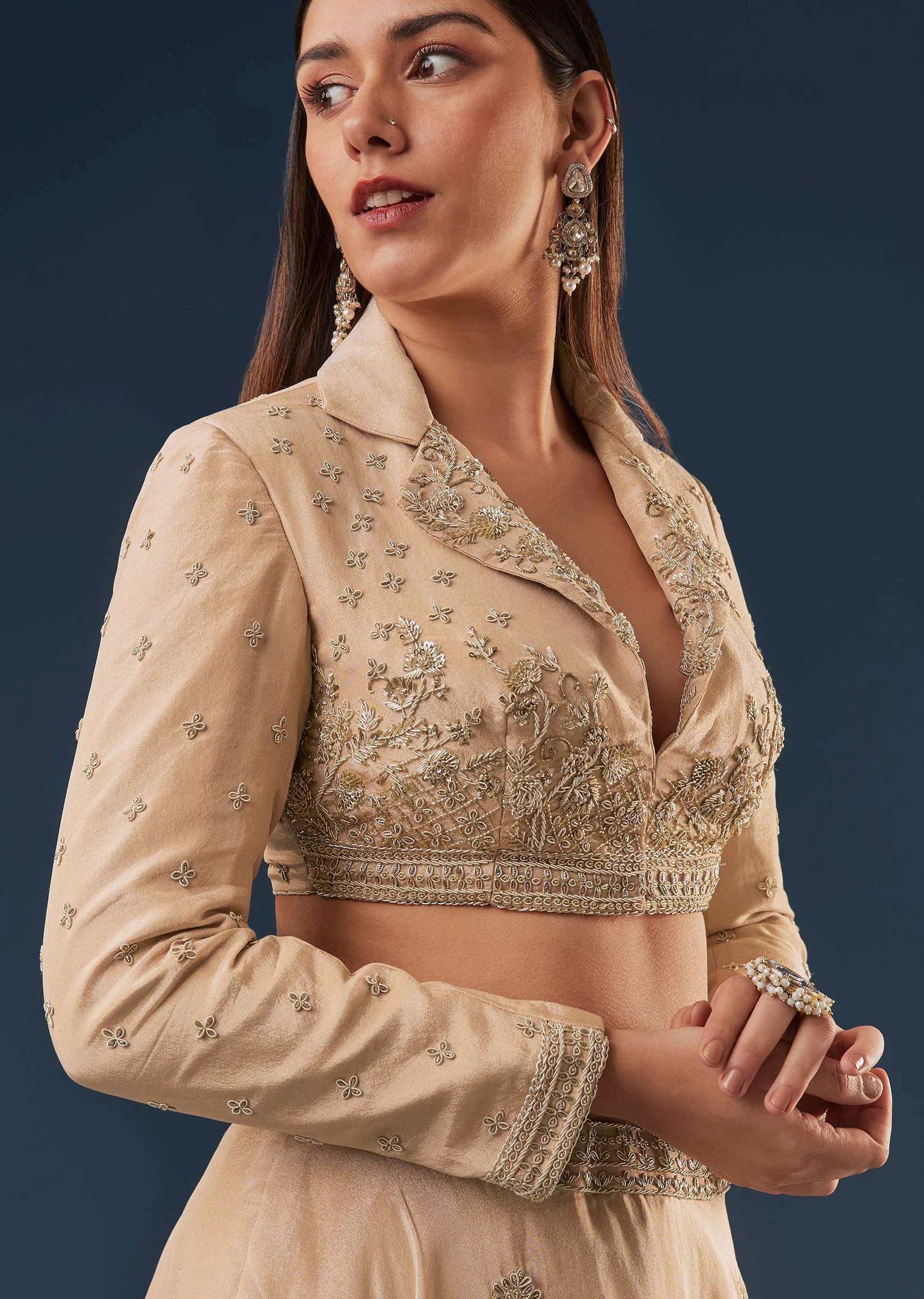 Gold Tissue Lehenga Set With Full Sleeve Embellished Blouse Jacket - Image 3