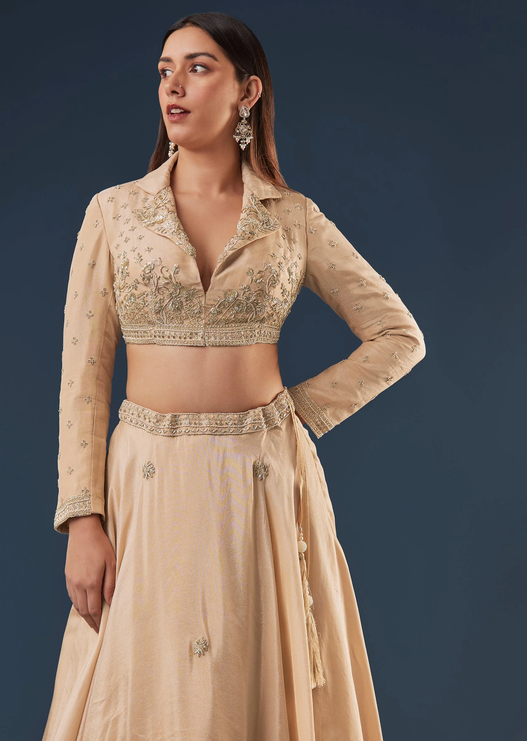 Gold Tissue Lehenga Set With Full Sleeve Embellished Blouse Jacket - Image 5