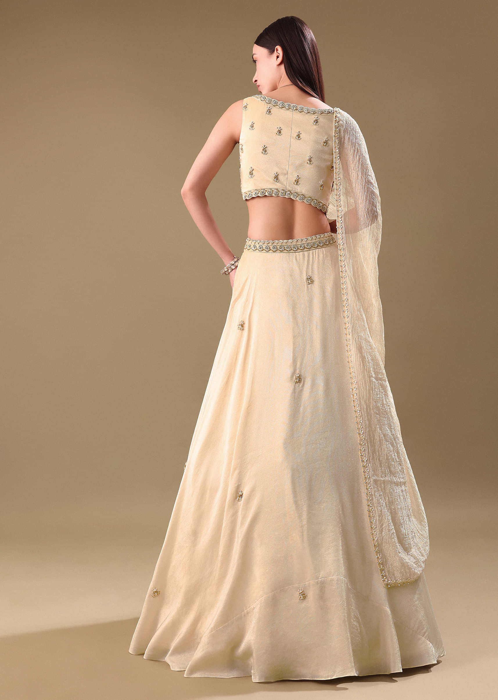 Gold Tissue Lehenga With Hand Embroidered Blouse Set - Image 5