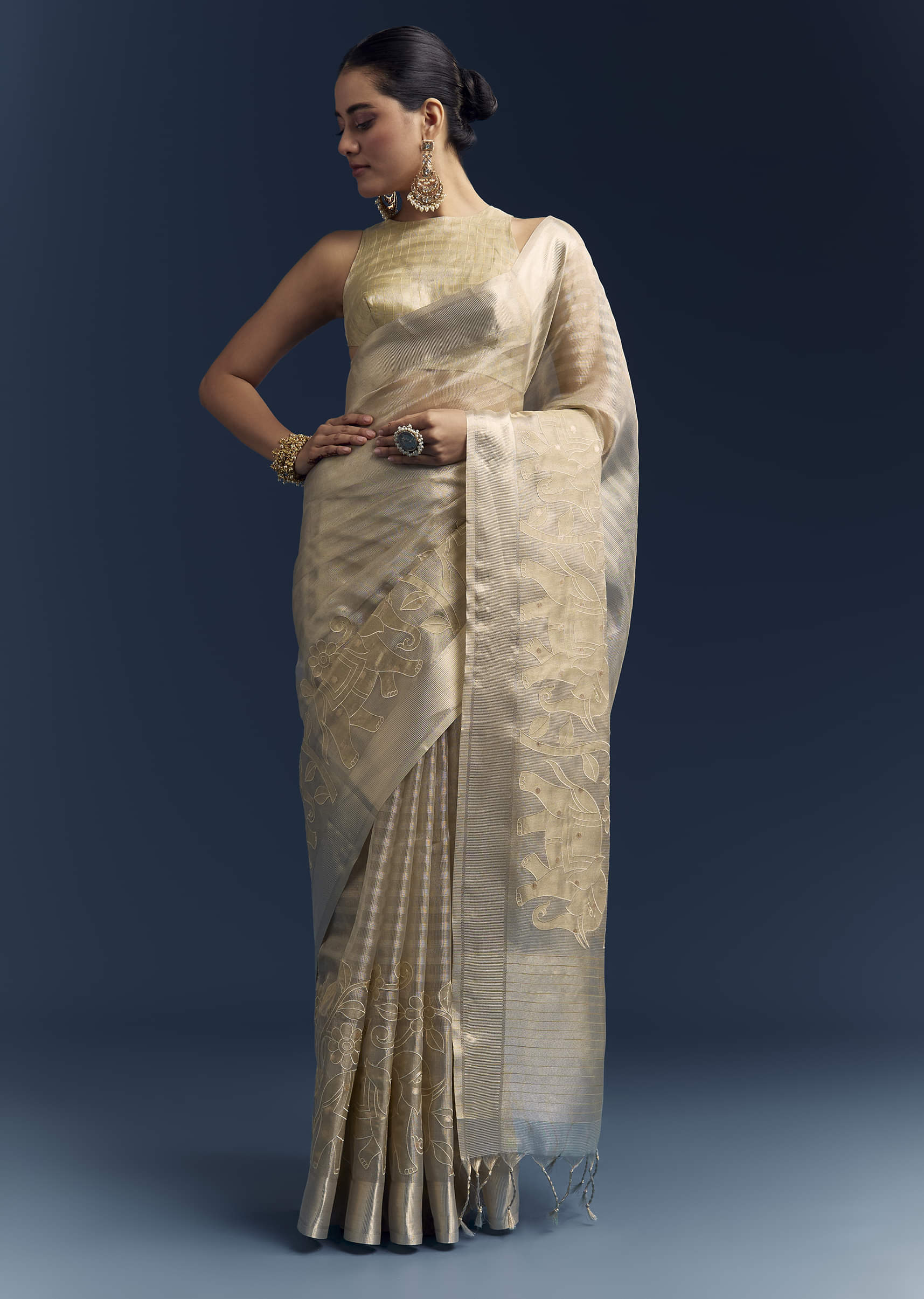Gold Tissue Organza Saree With Zari And Resham Embroidery - Image 3