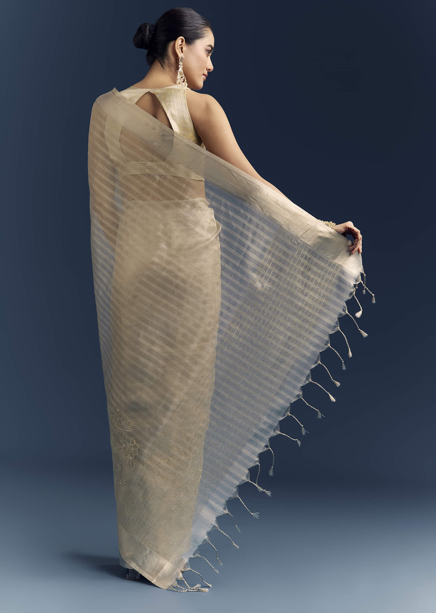 Gold Tissue Organza Saree With Zari And Resham Embroidery - Image 4