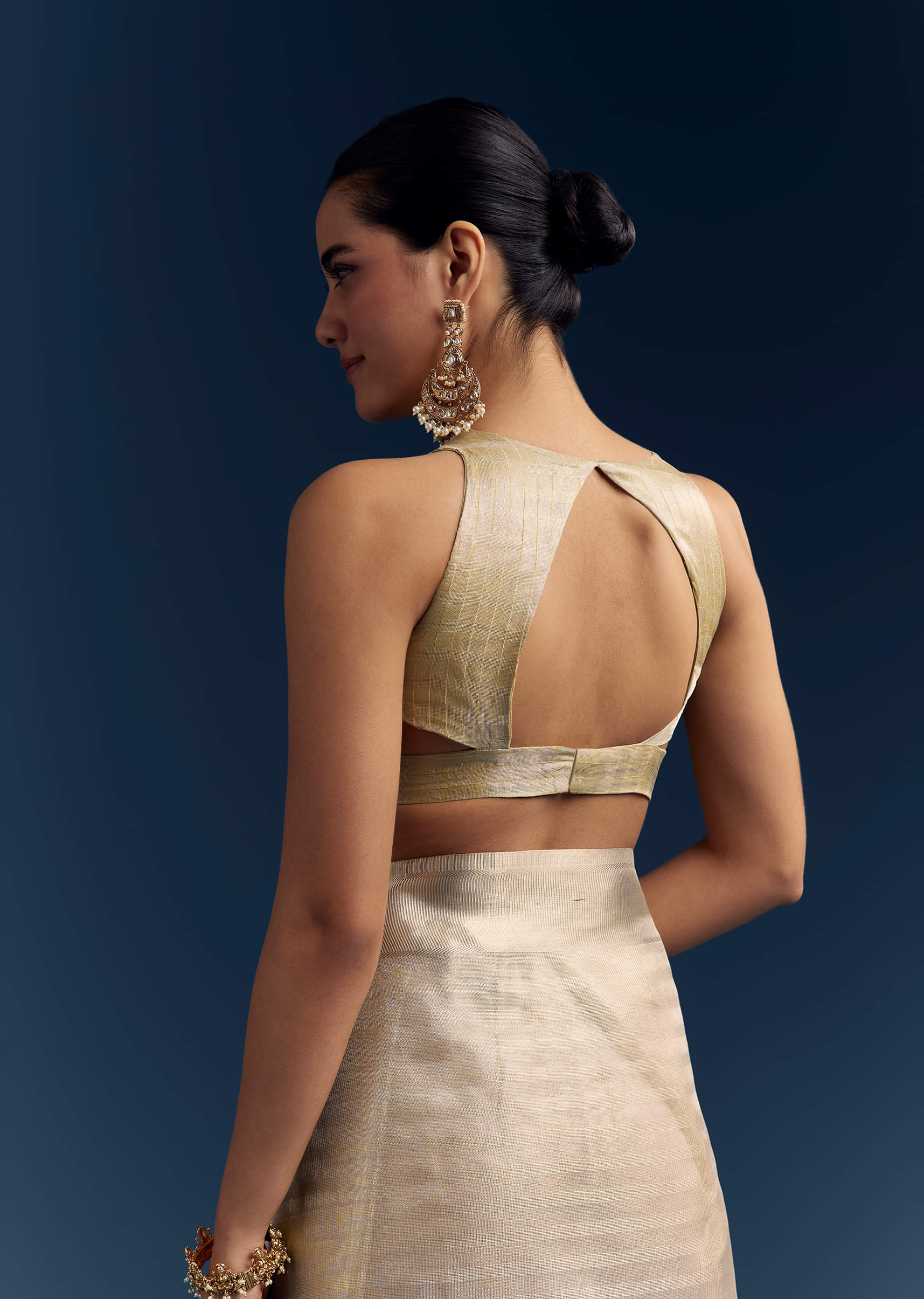 Gold Tissue Organza Saree With Zari And Resham Embroidery - Image 8