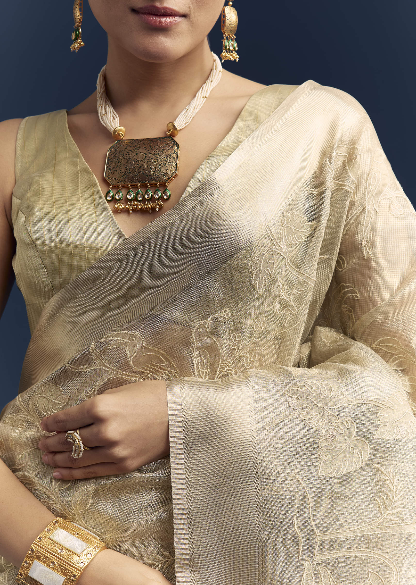 Gold Tissue Organza Saree With Zari And Resham Work - Image 2