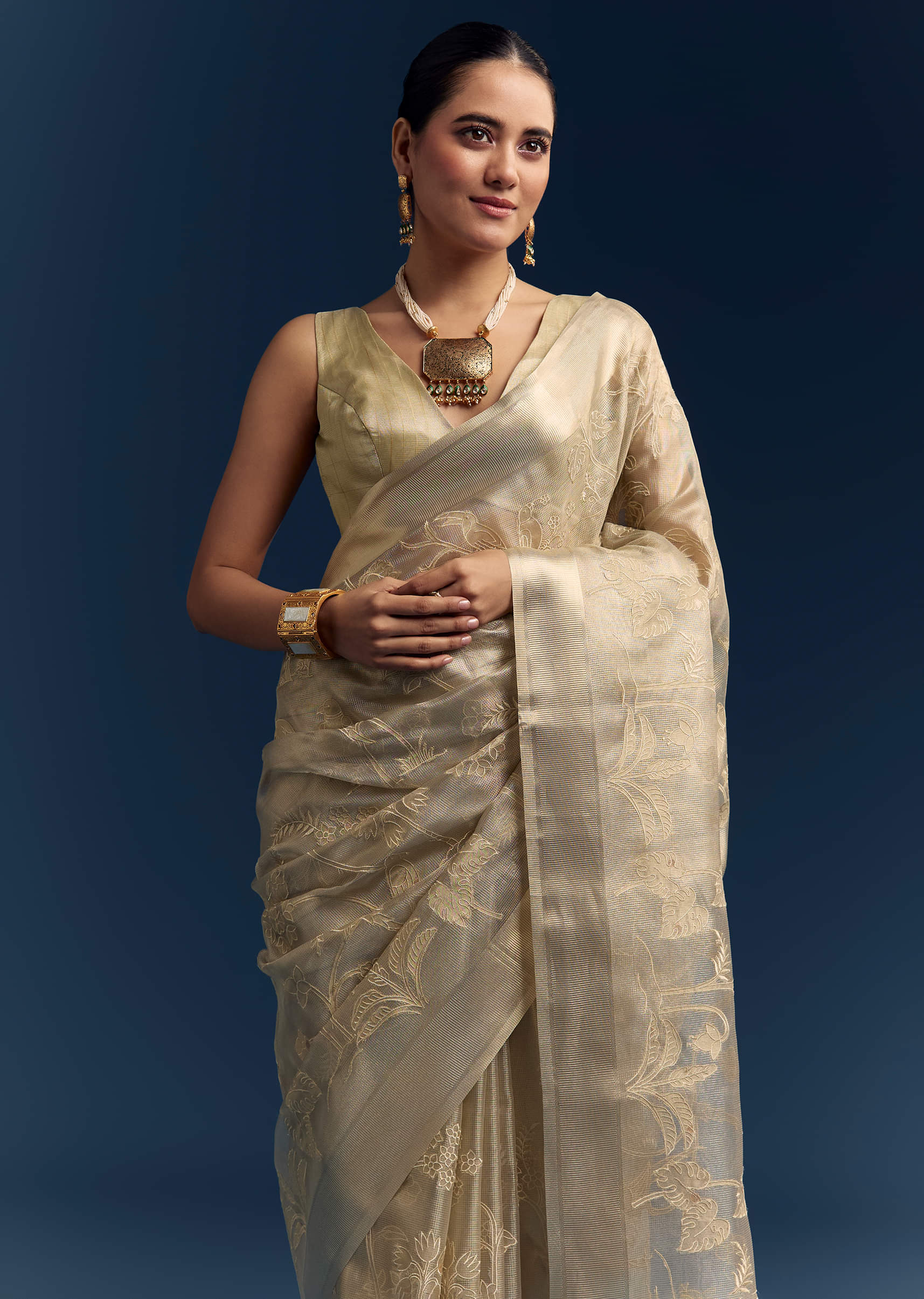 Gold Tissue Organza Saree With Zari And Resham Work - Image 5