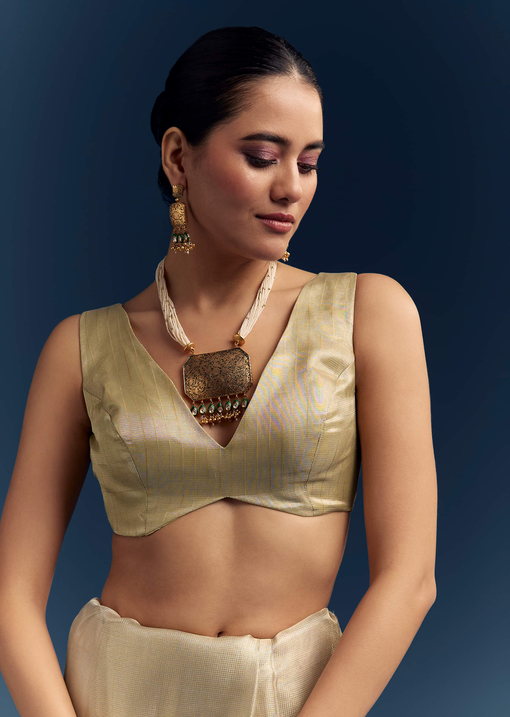 Gold Tissue Organza Saree With Zari And Resham Work - Image 8