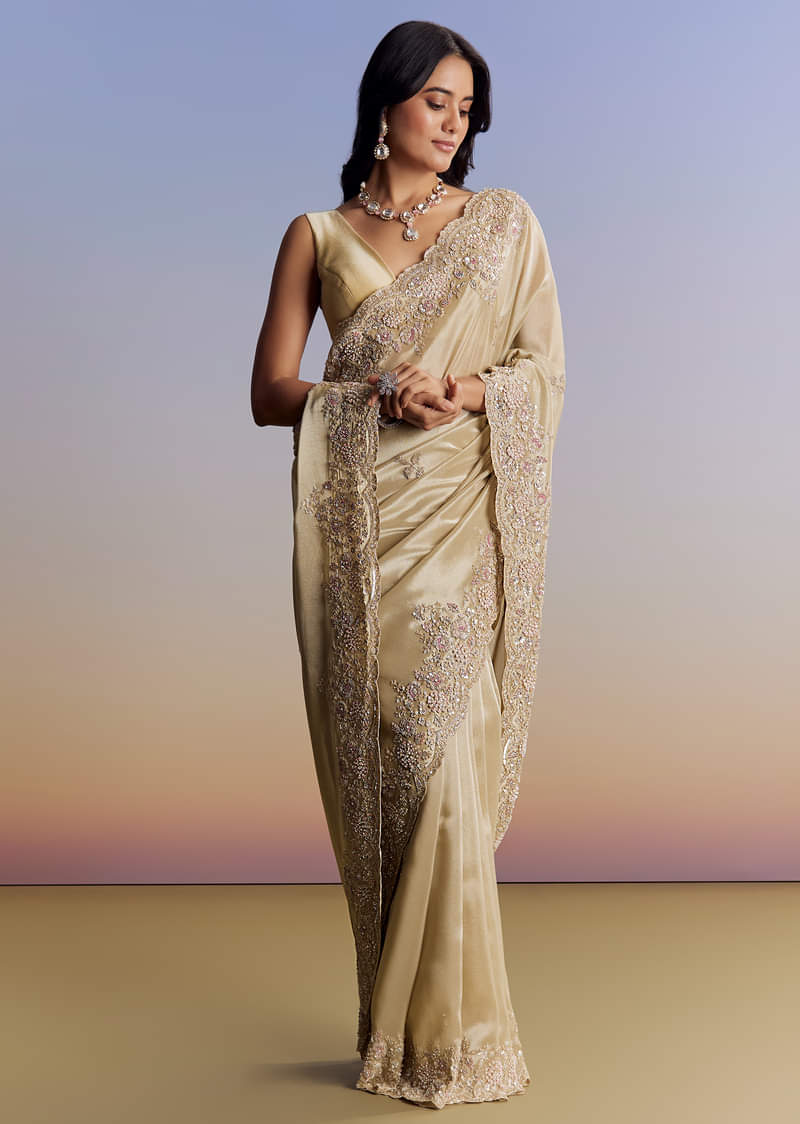 Gold Tissue Saree With Cut Dana Embroidery - Image 3