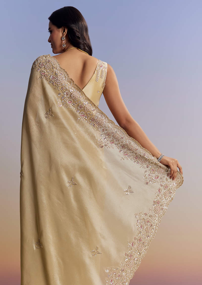 Gold Tissue Saree With Cut Dana Embroidery - Image 6