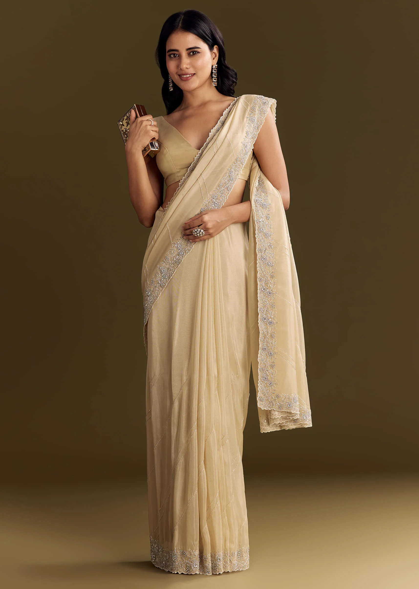 Gold Tissue Saree With Cutdana And Beads Scallop Border - Image 2