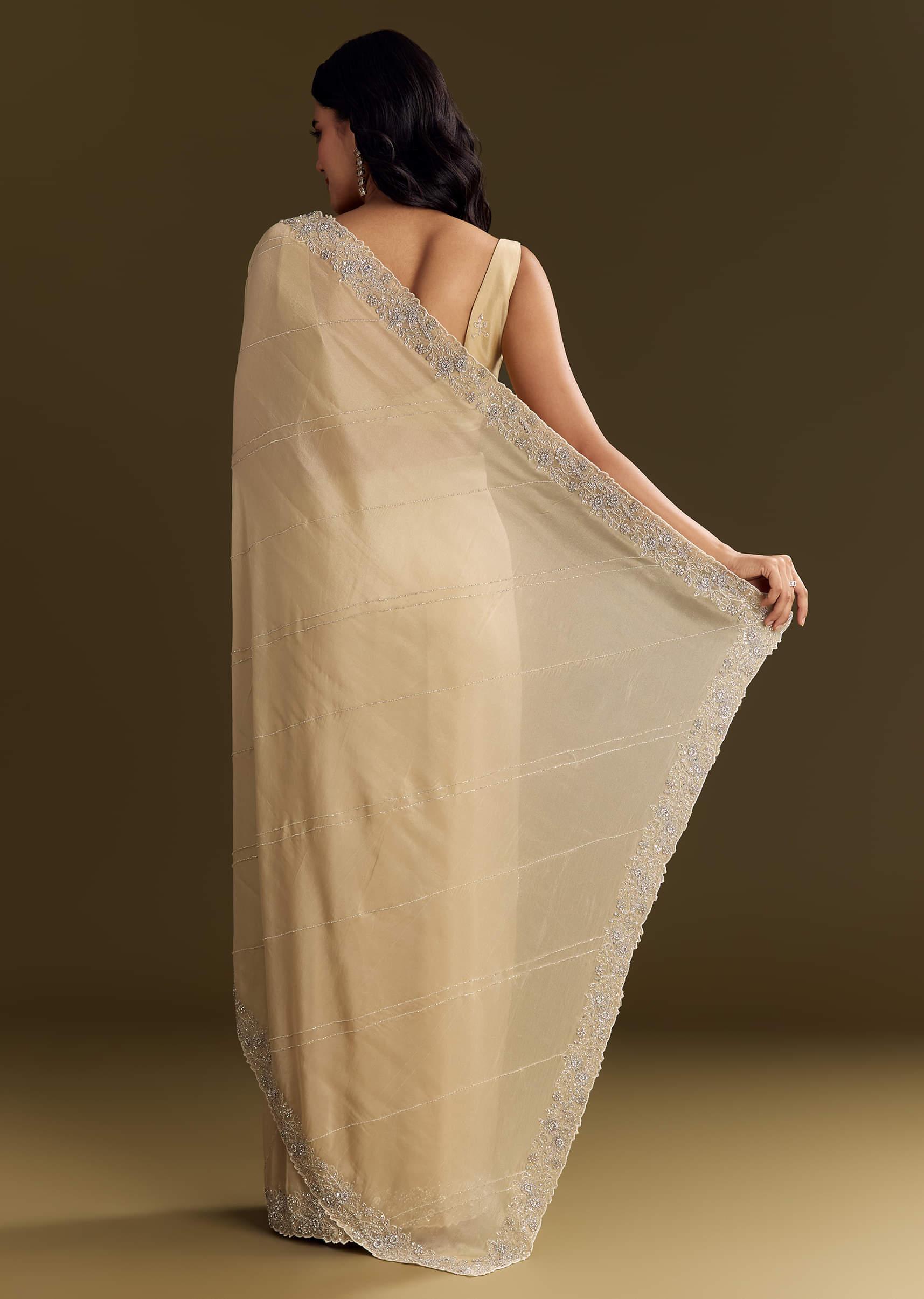 Gold Tissue Saree With Cutdana And Beads Scallop Border - Image 4