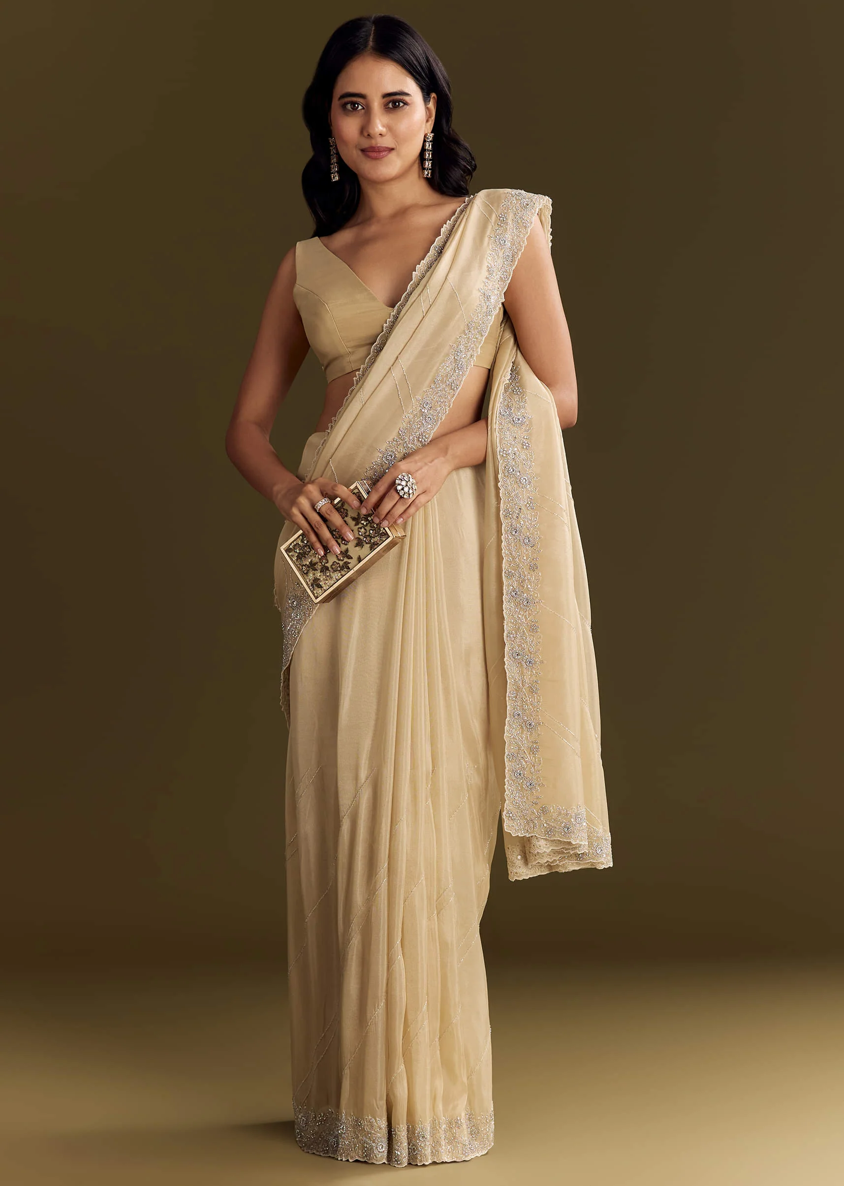 Gold Tissue Saree With Cutdana And Beads Scallop Border - Image 5