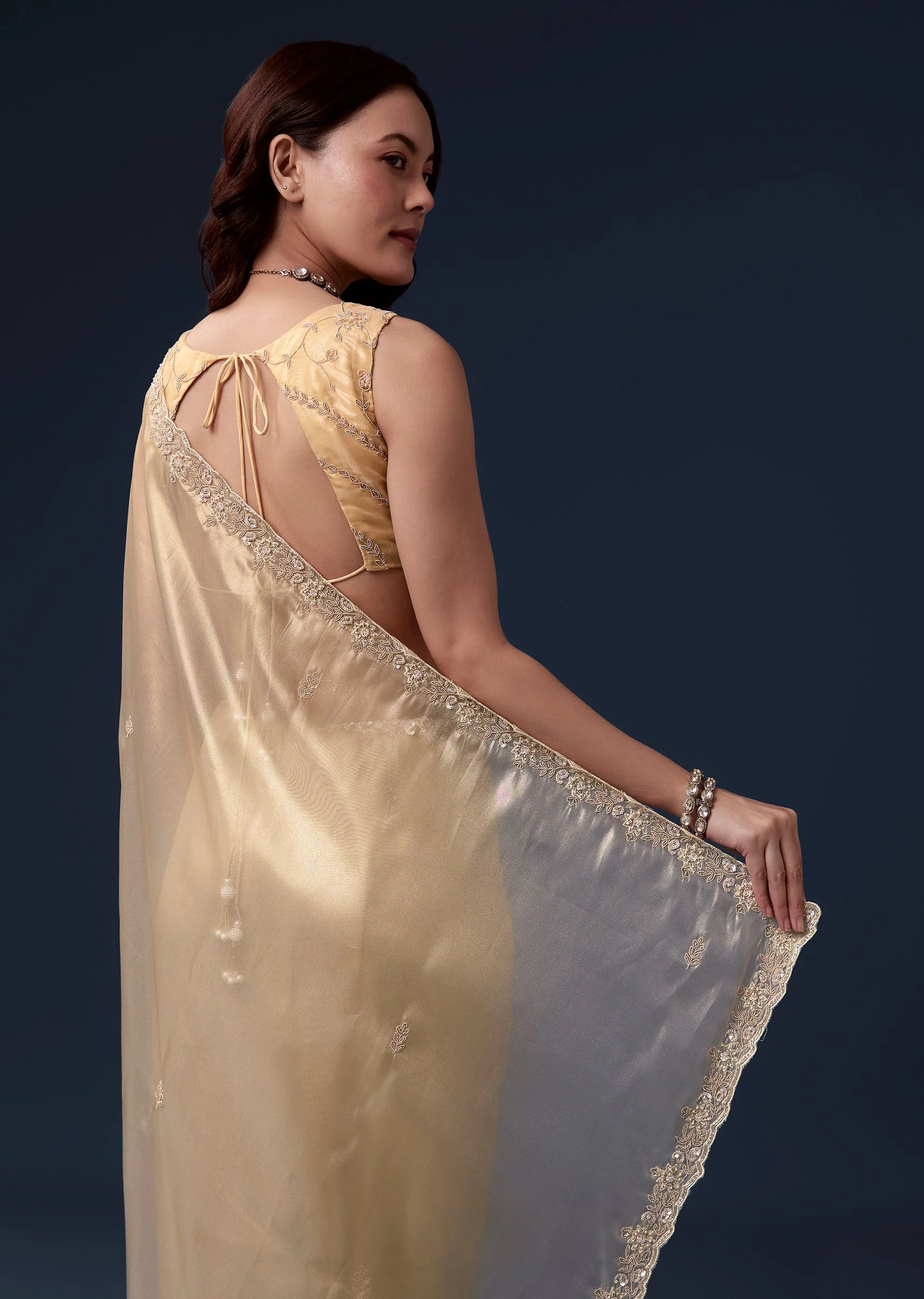 Gold Tissue Saree With Cutdana Beads Sequins And Zardosi Work - Image 6