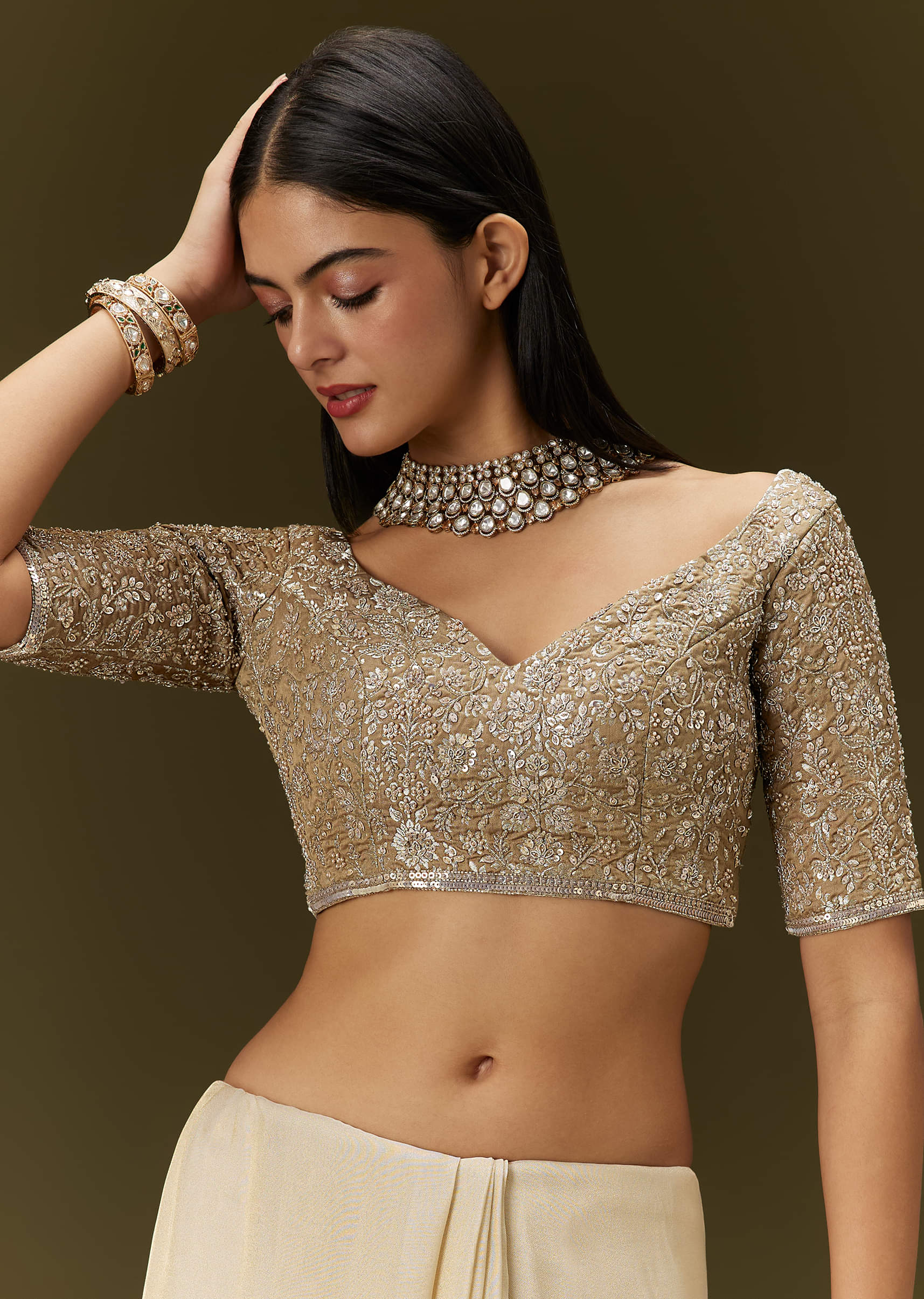Gold Tissue Saree With Embroidered Brocade Blouse - Image 7