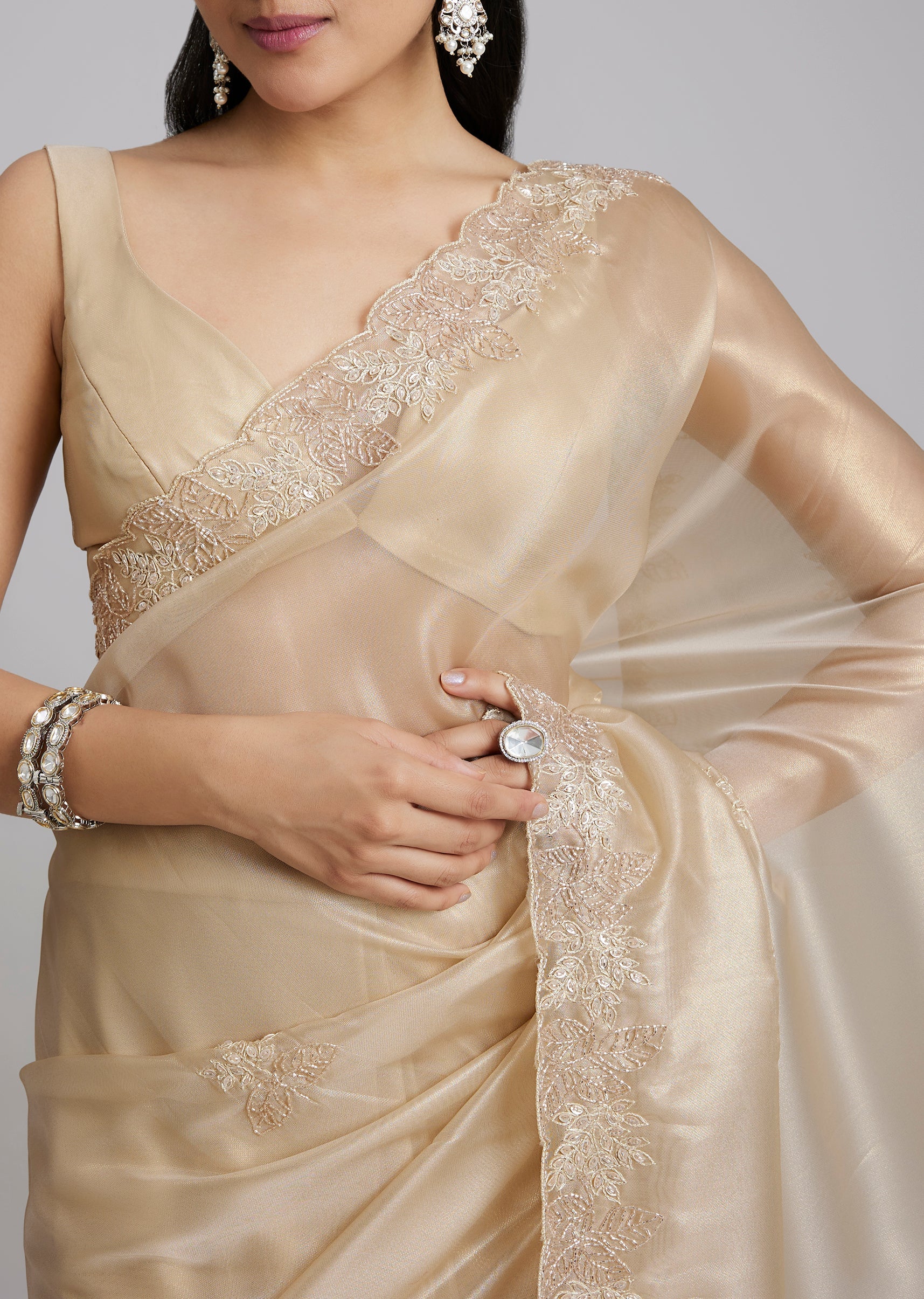 Gold Tissue Saree With Floral Cutwork Border - Image 2
