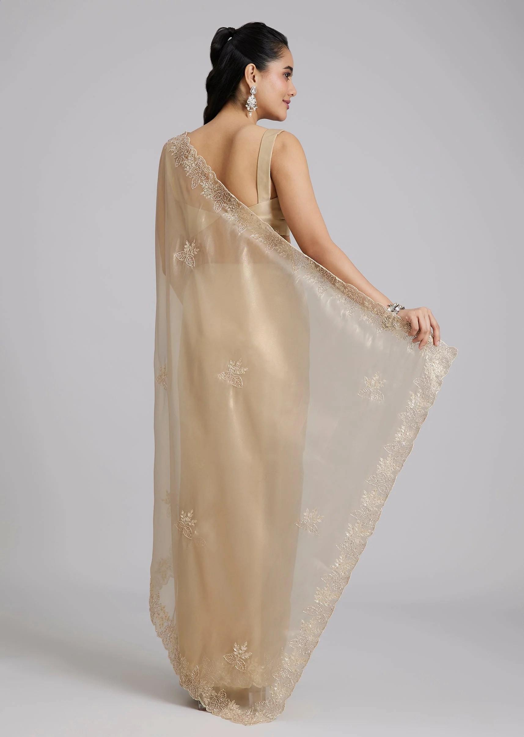 Gold Tissue Saree With Floral Cutwork Border - Image 4