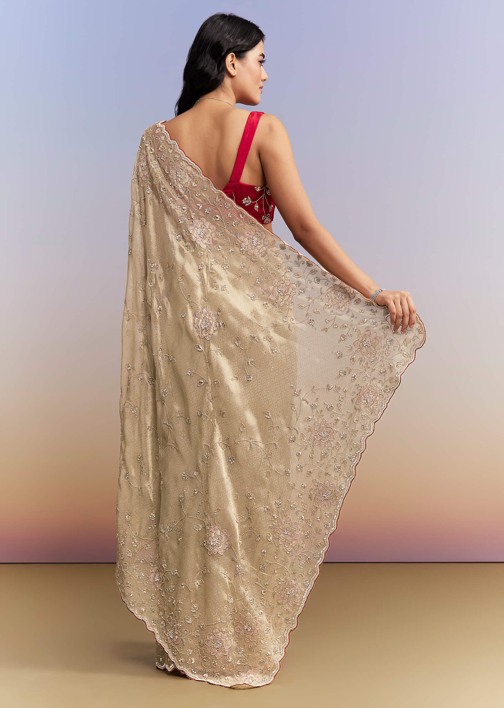 Gold Tissue Saree With Heavy Hand Embroidery - Image 4