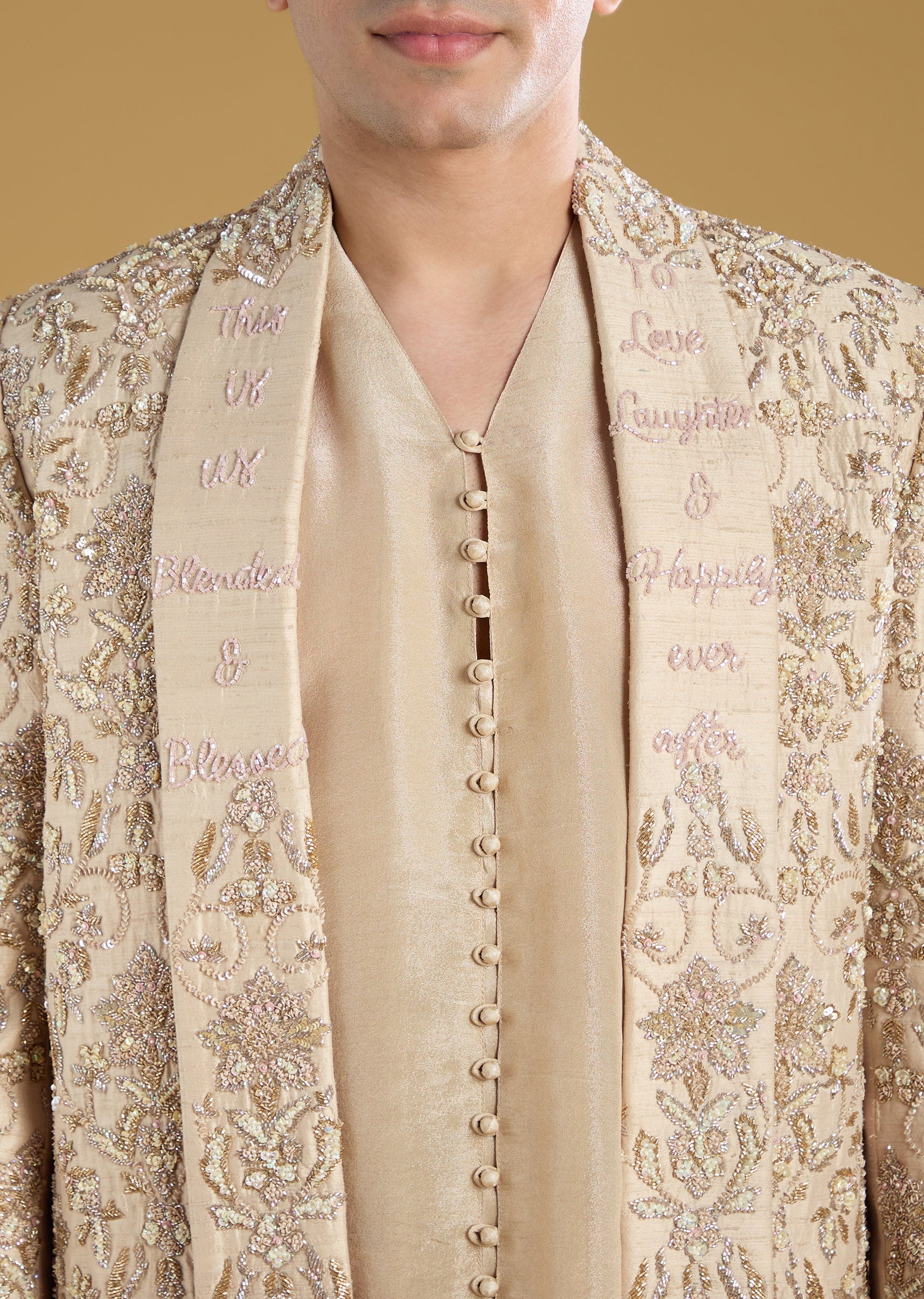 Gold Tissue Sherwani With Zari Cut Dana And Sequins Work - Image 2