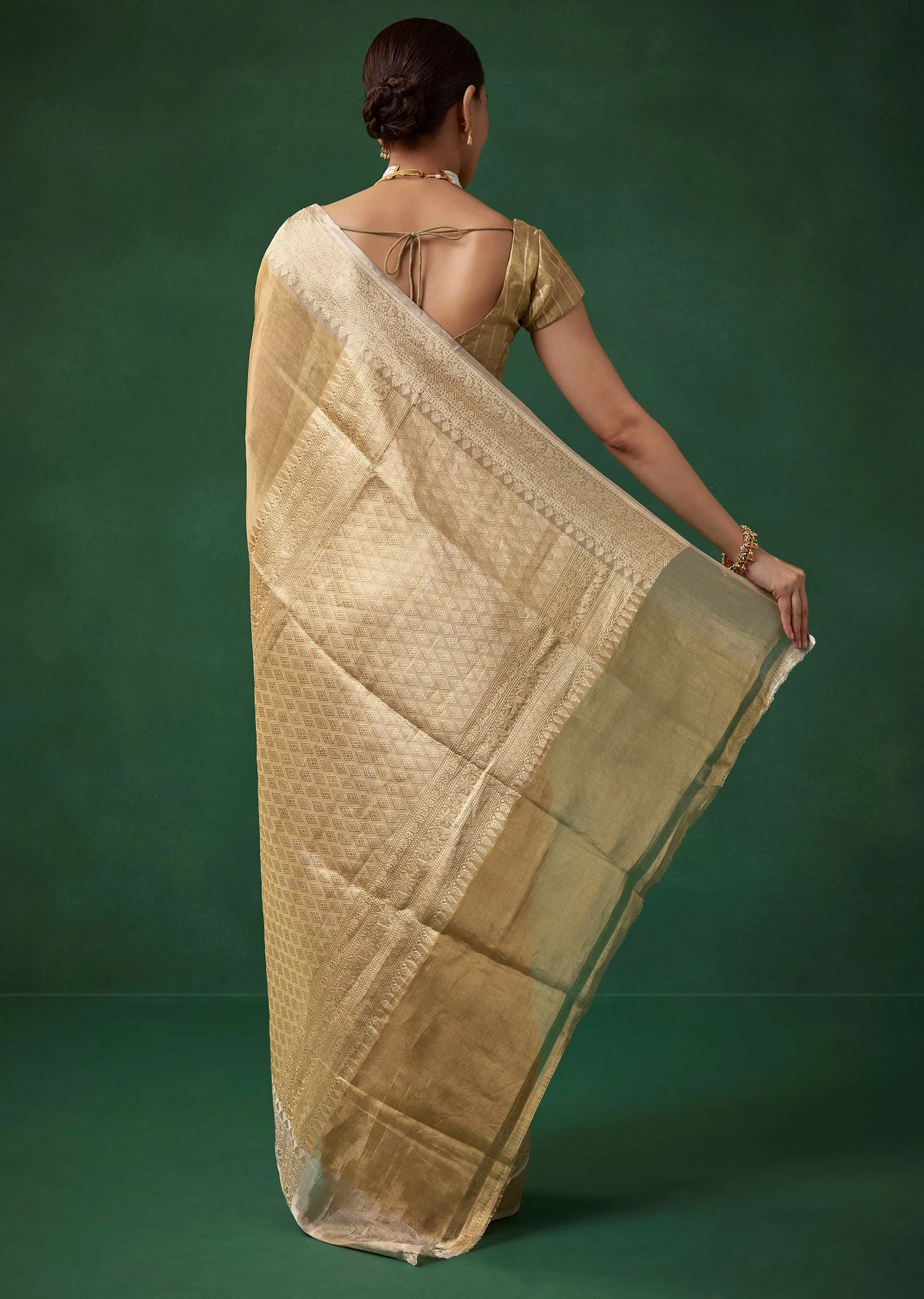 Gold Tissue Silk Butti Woven Saree with Unstitched Blouse - Image 4