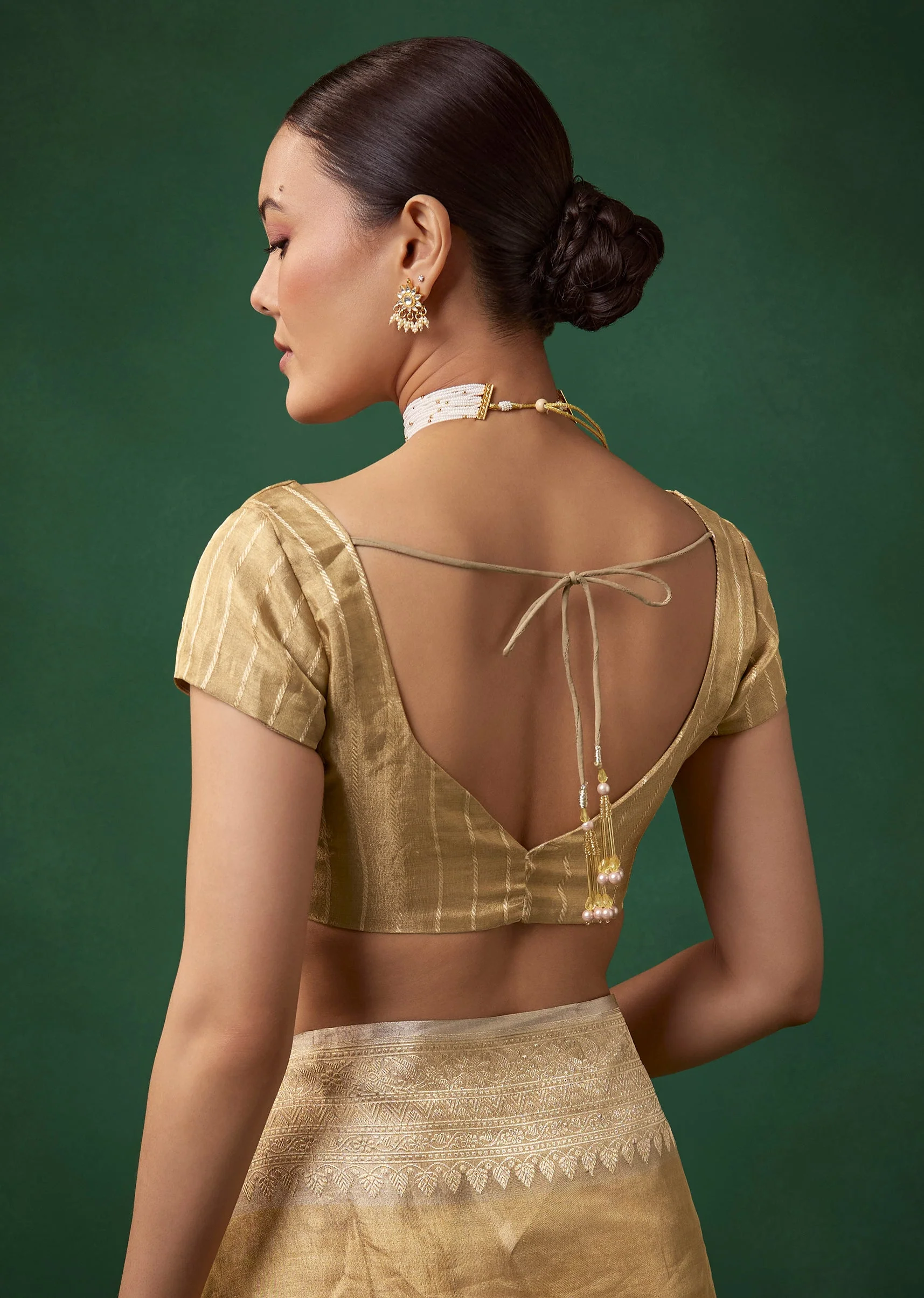Gold Tissue Silk Butti Woven Saree with Unstitched Blouse - Image 8