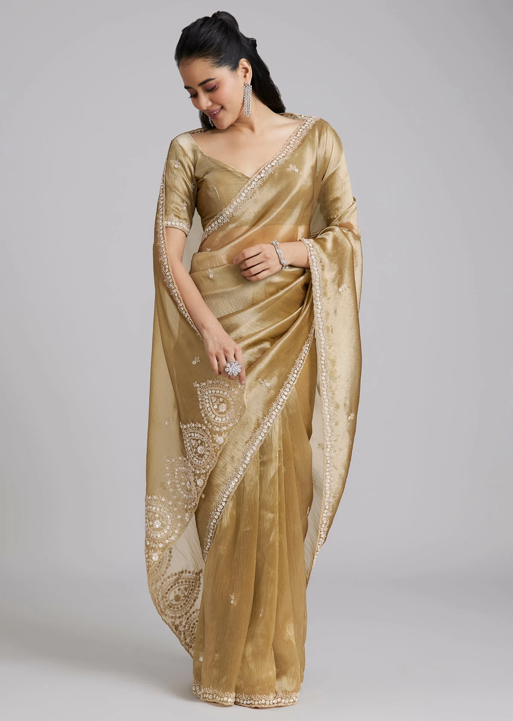 Gold Tissue Silk Saree With Minimal Butti Work And Heavy Pallu End Border - Image 3