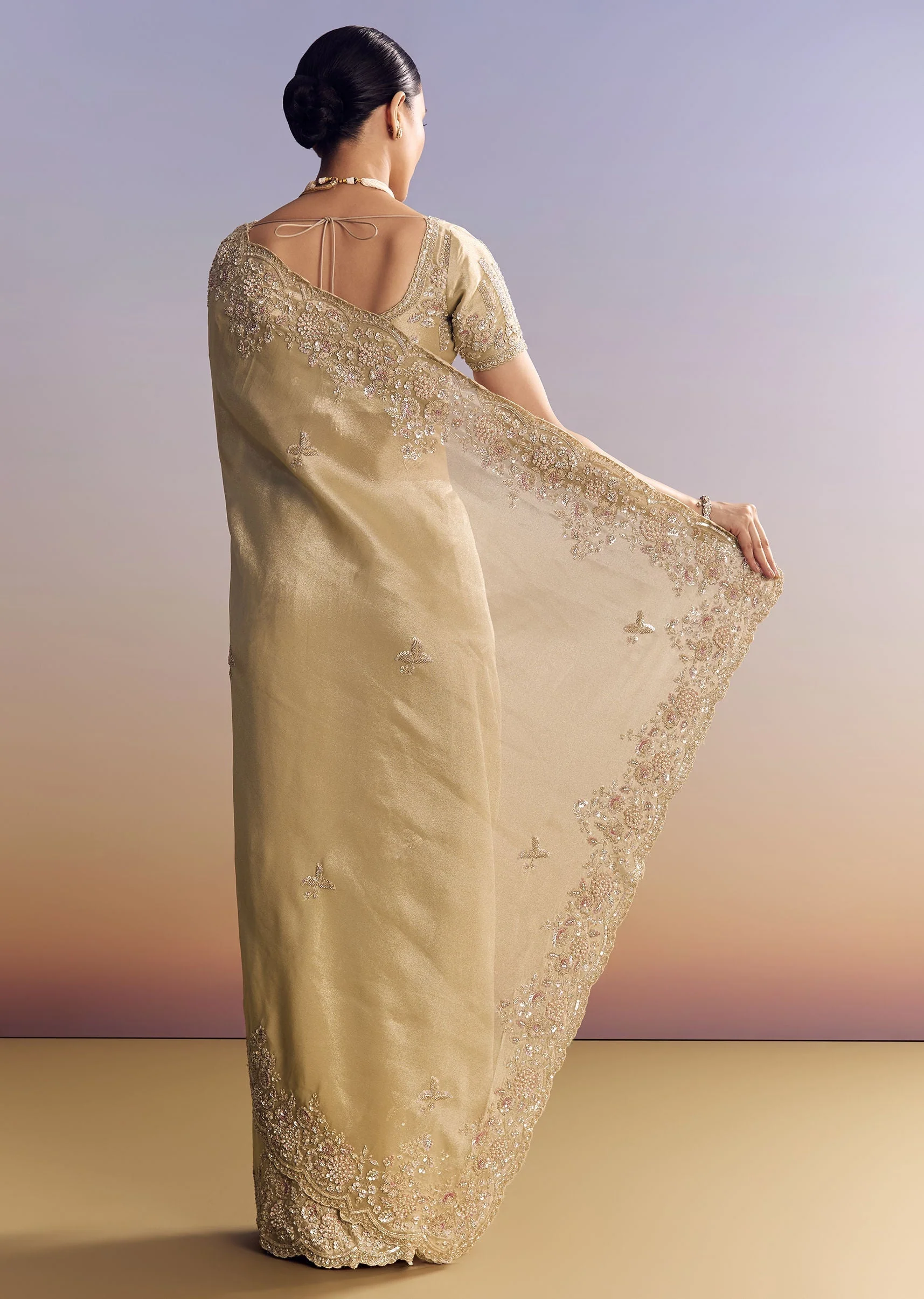 Gold Tissue Silk Saree With Scallop Border And Rich Embroidered Unstitched Blouse - Image 4