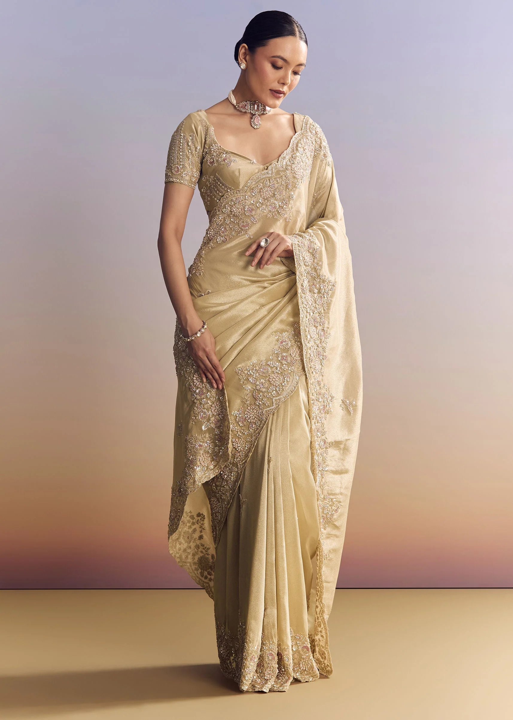 Gold Tissue Silk Saree With Scallop Border And Rich Embroidered Unstitched Blouse - Image 5