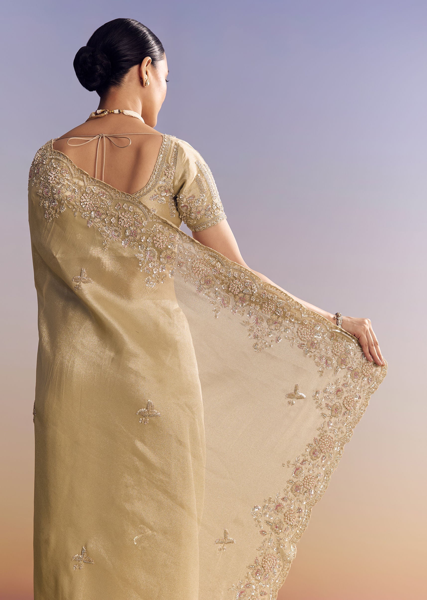 Gold Tissue Silk Saree With Scallop Border And Rich Embroidered Unstitched Blouse - Image 6