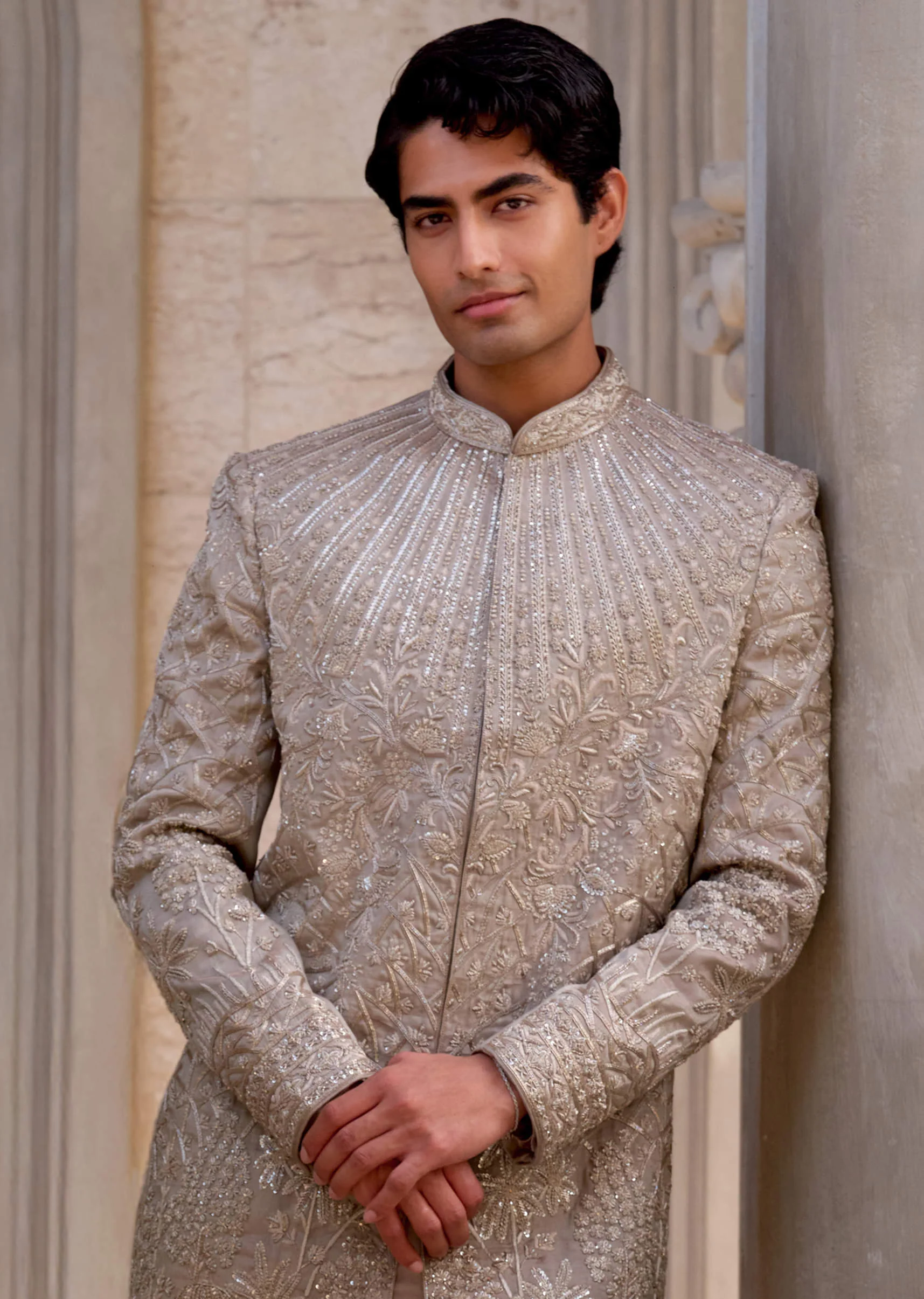Gold Tissue Silk Sherwani For Men With Zardosi Work - Image 2