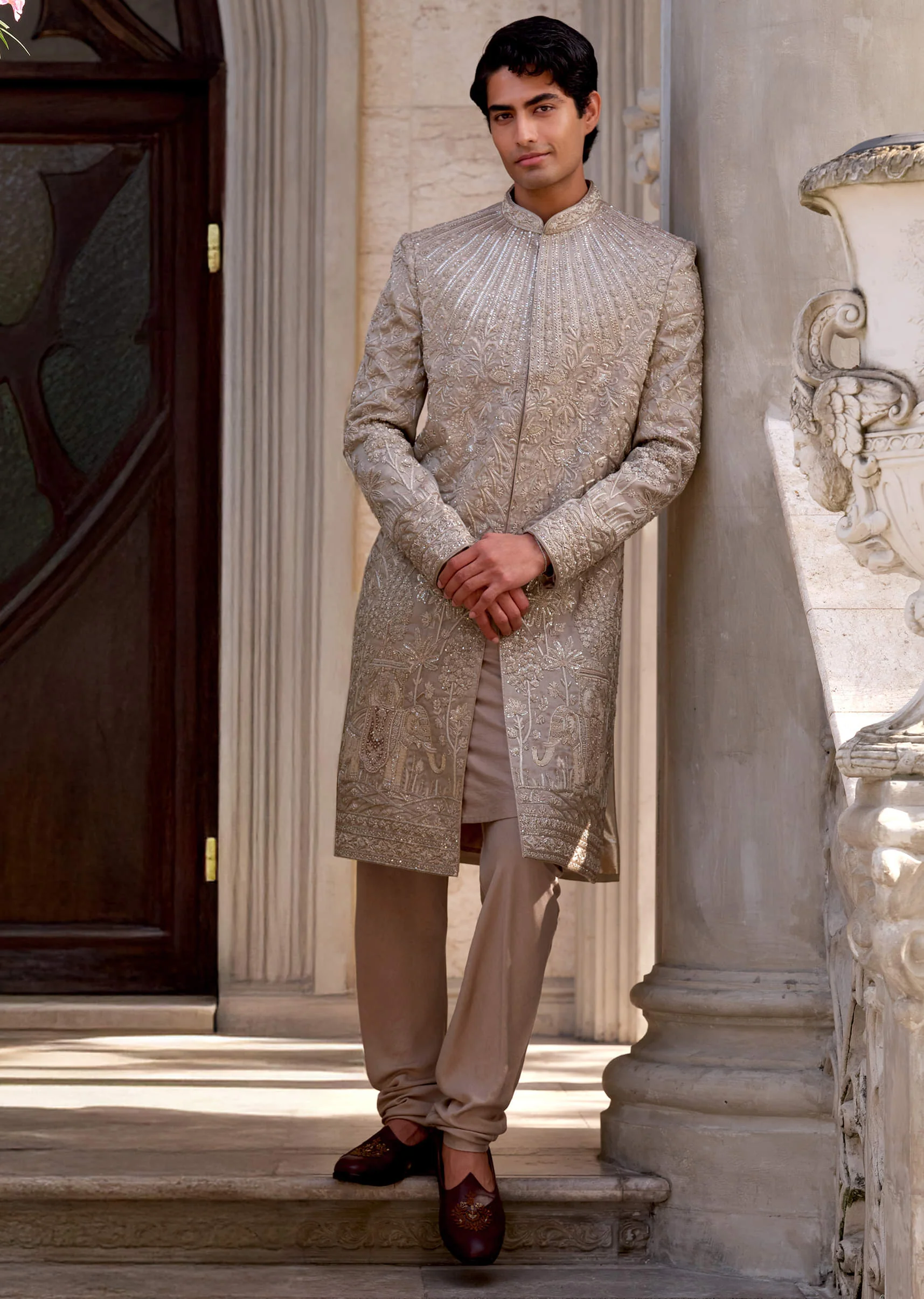Gold Tissue Silk Sherwani For Men With Zardosi Work - Image 3