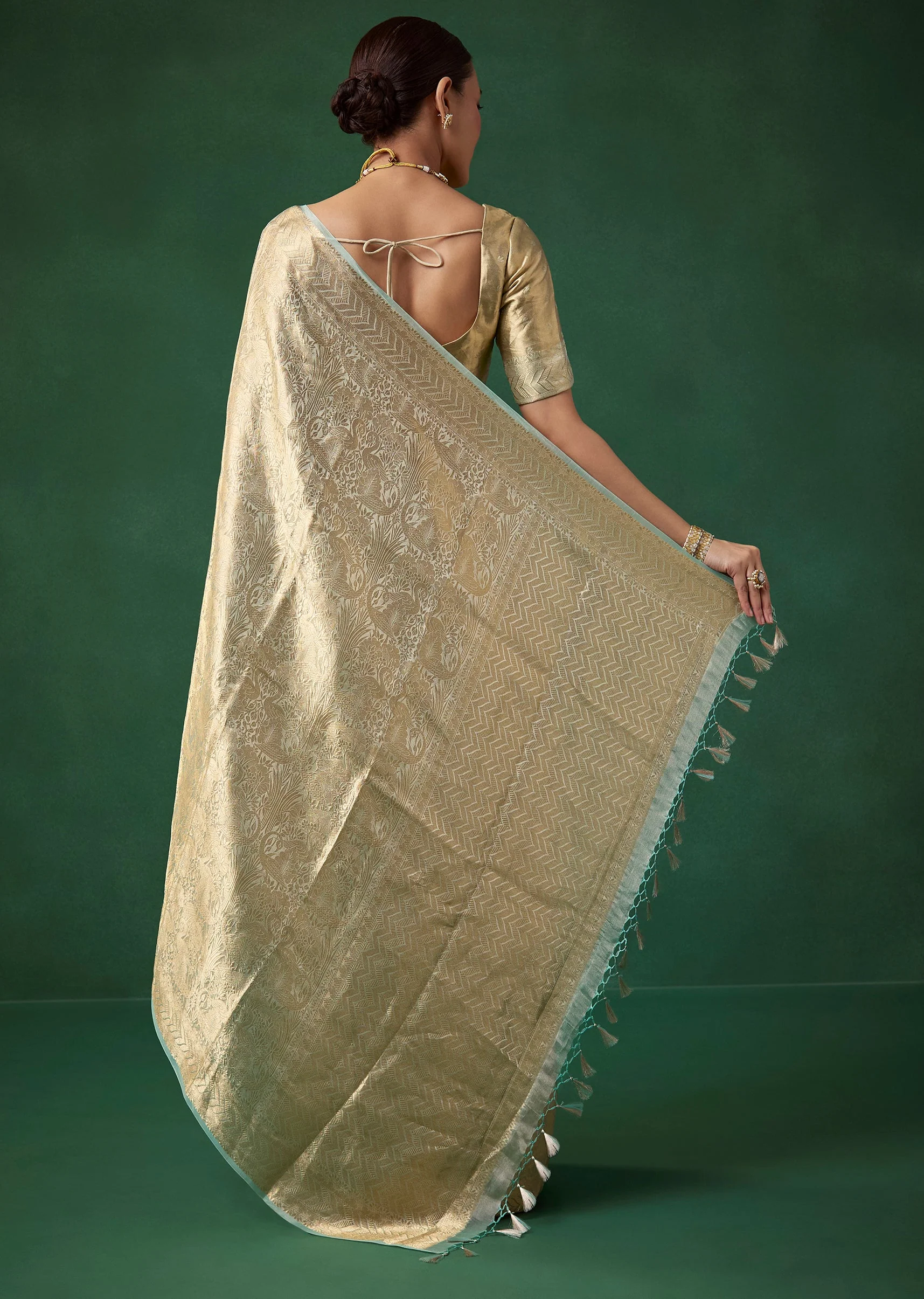 Gold Tissue Silk Woven and Embroidered Saree with Unstitched Blouse - Image 4