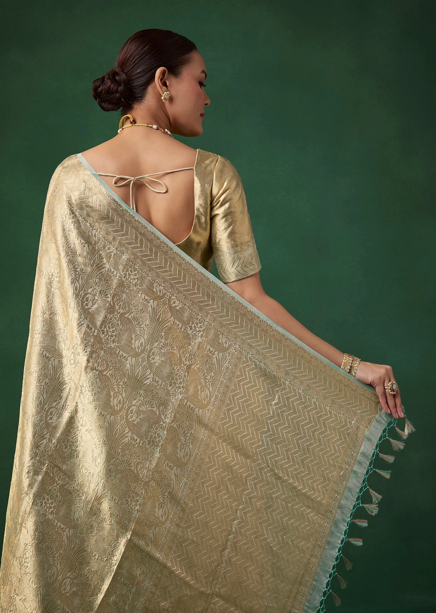 Gold Tissue Silk Woven and Embroidered Saree with Unstitched Blouse - Image 6
