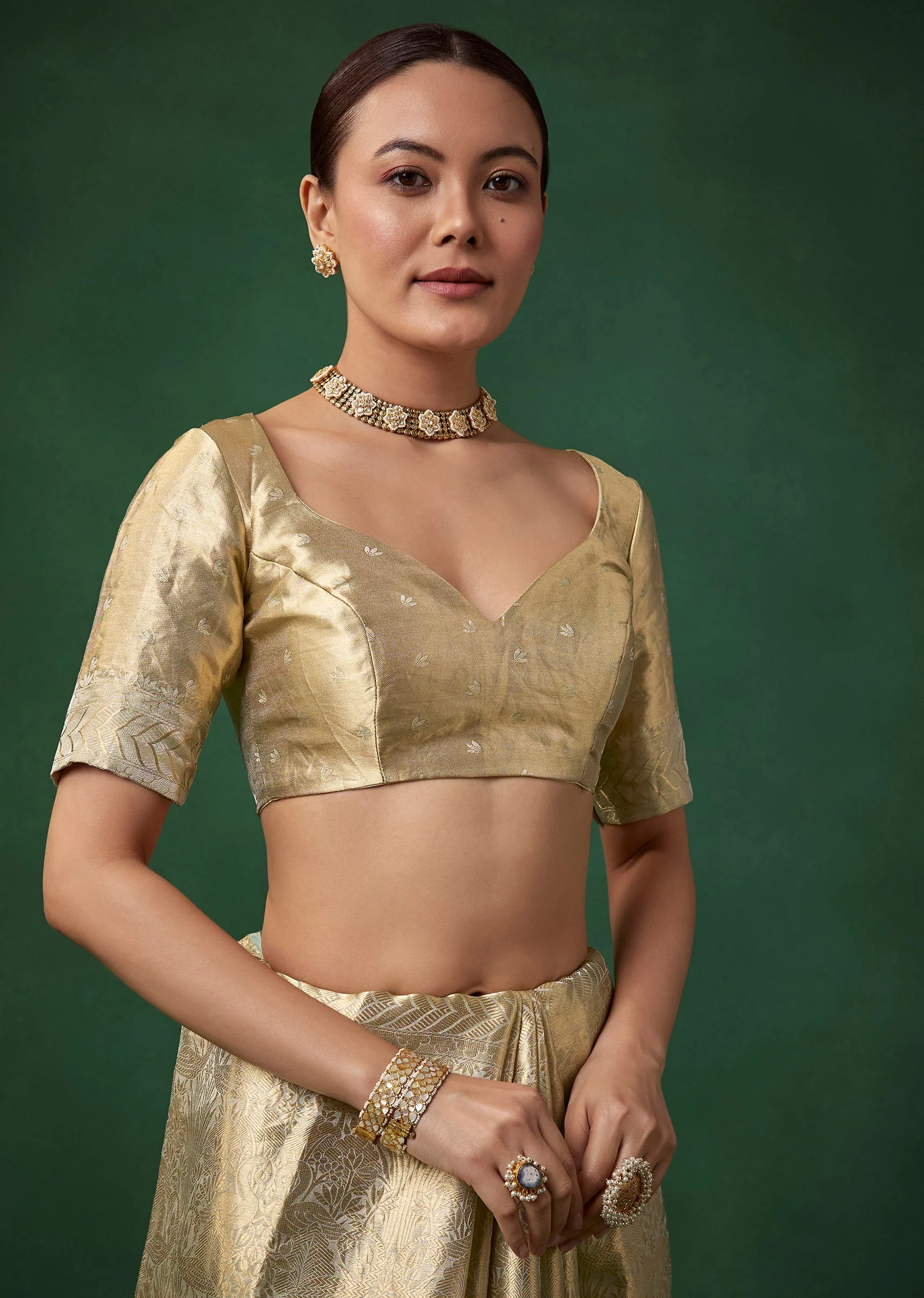 Gold Tissue Silk Woven and Embroidered Saree with Unstitched Blouse - Image 7