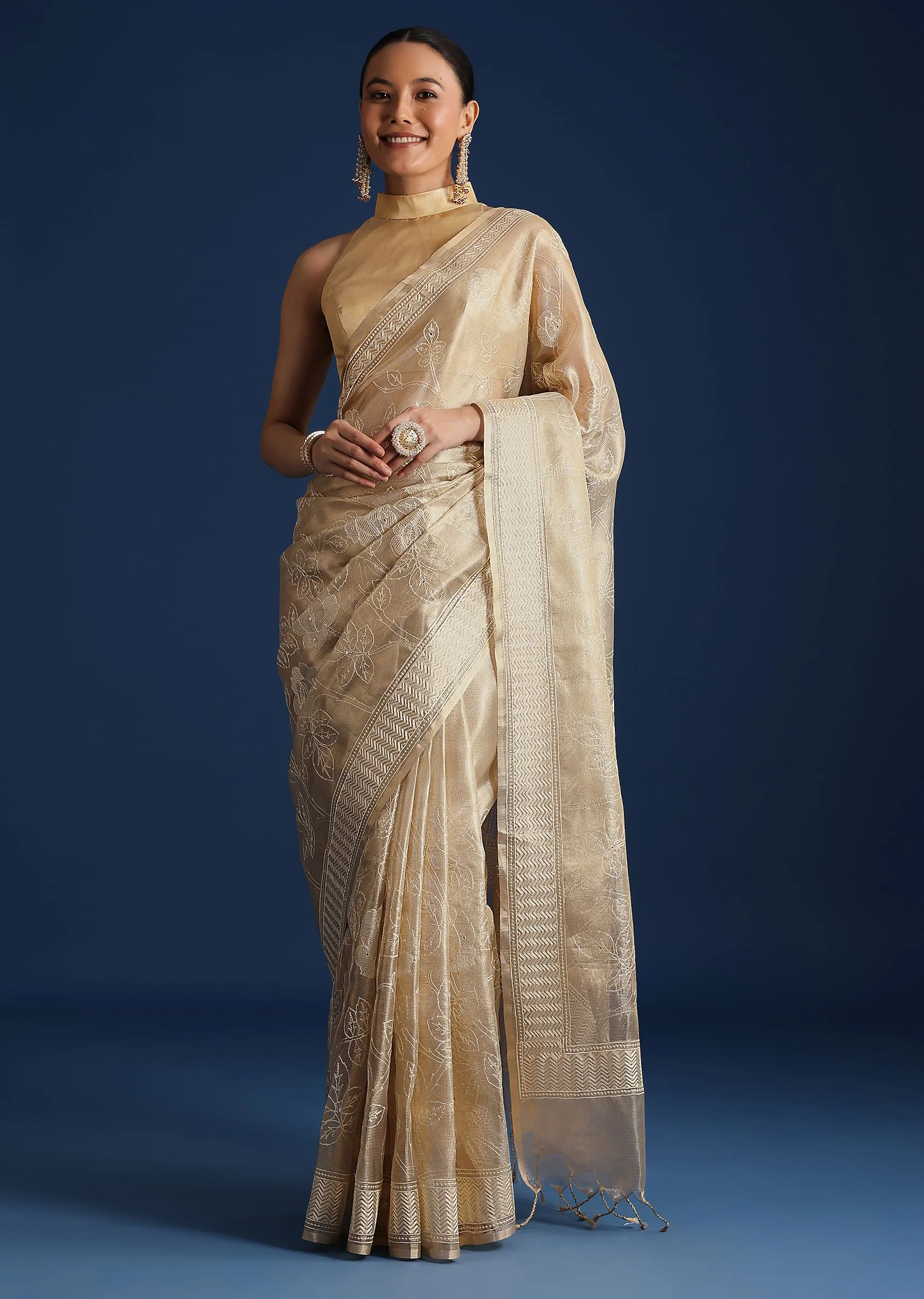 Gold Tissue Silk Woven Saree with Floral Resham Thread Work - Image 4