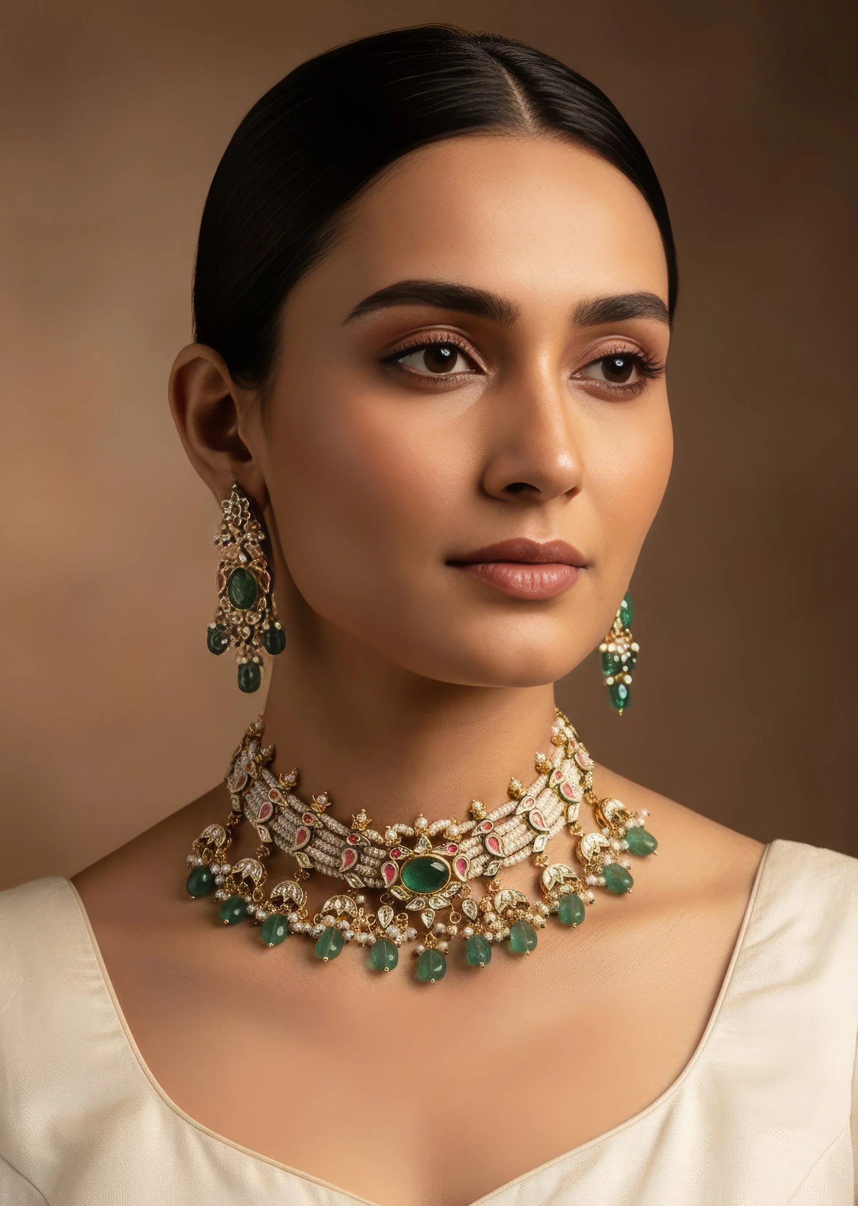 Gold Tone Choker Necklace And Earring Set With Green Bead Detailing