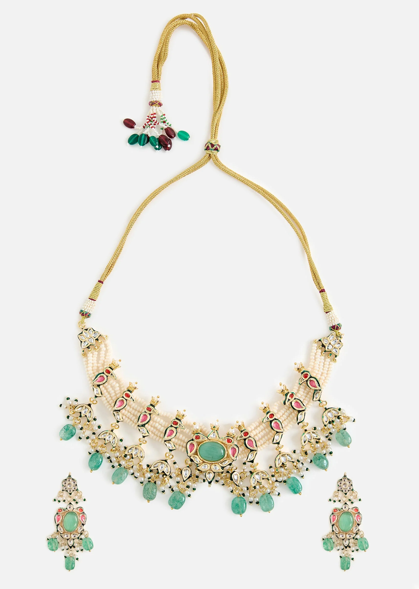 Gold Tone Choker Necklace And Earring Set With Green Bead Detailing - Image 2