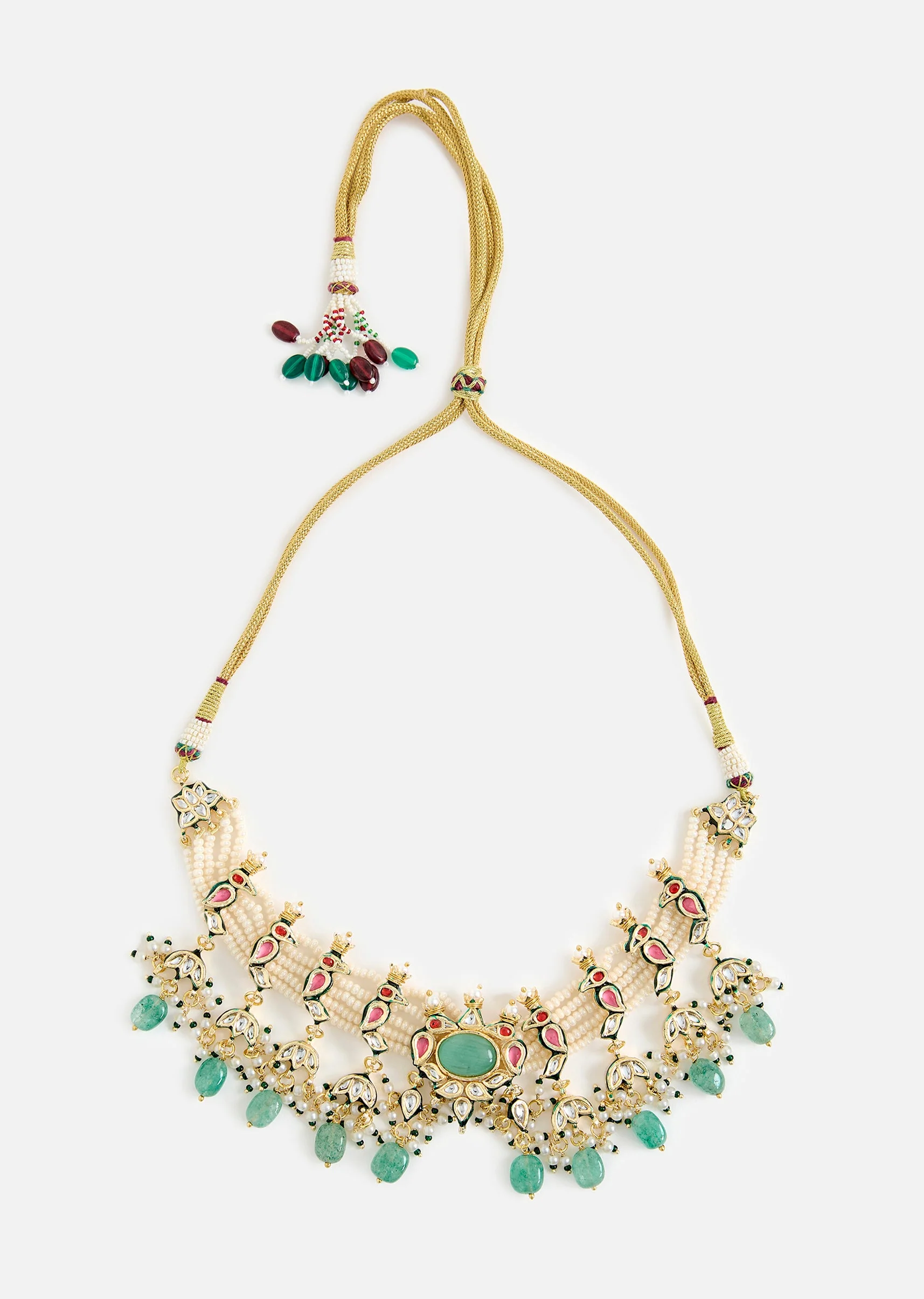 Gold Tone Choker Necklace And Earring Set With Green Bead Detailing - Image 3