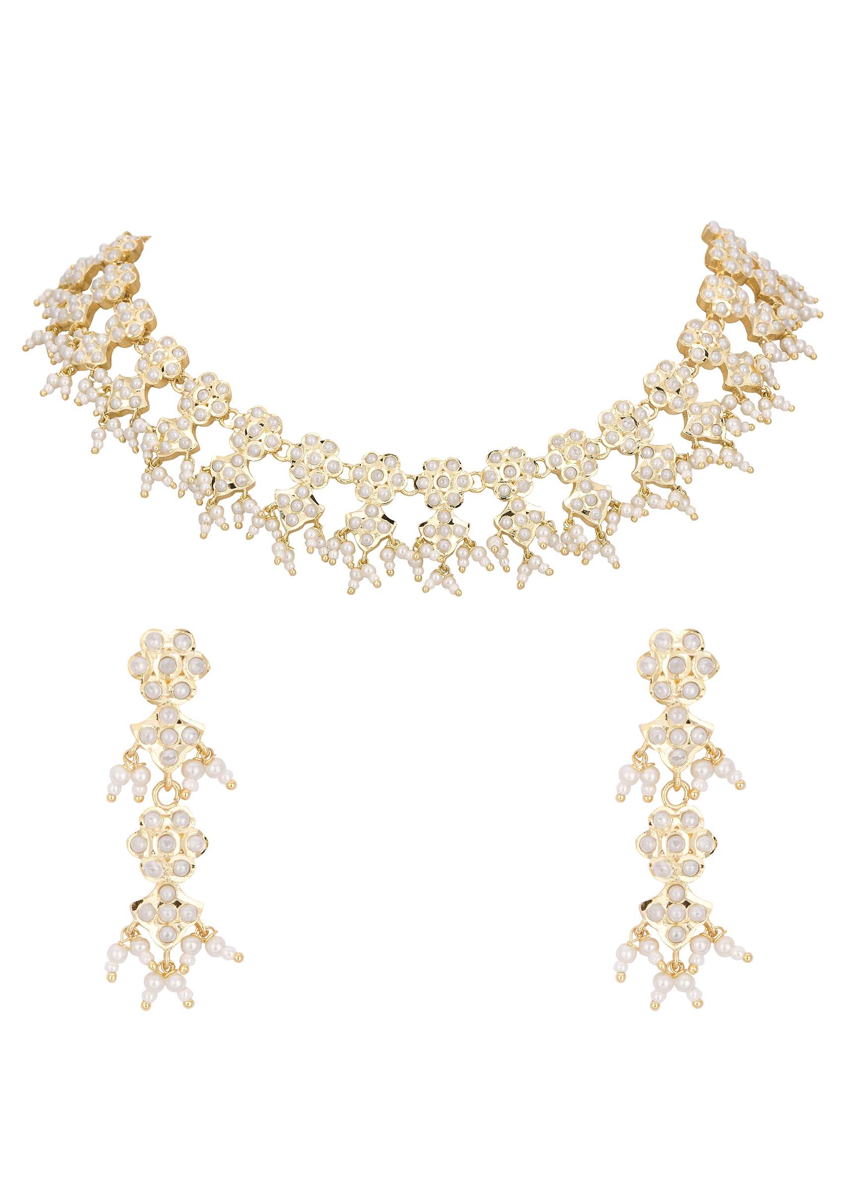 Gold Tone Kundan Choker Necklace Set With Beads - Image 3