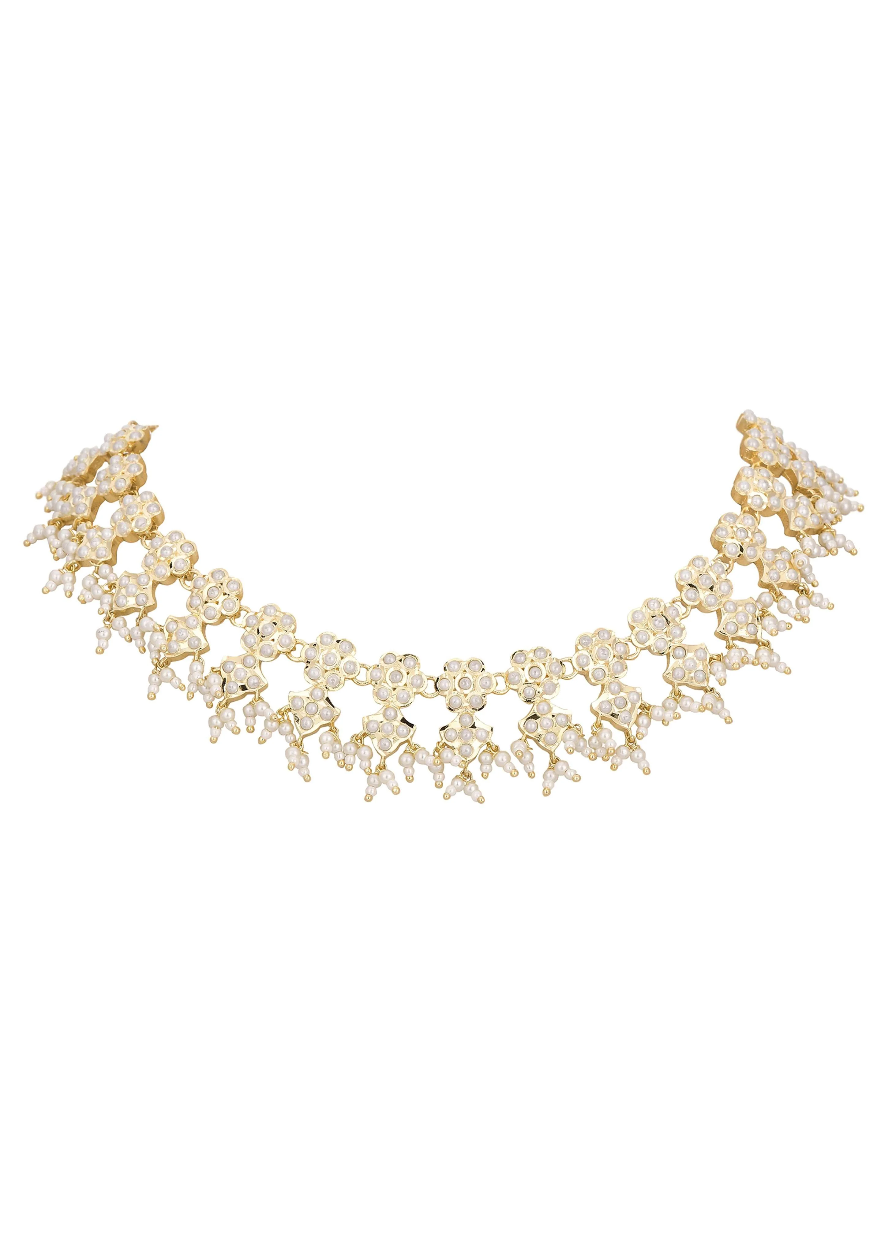 Gold Tone Kundan Choker Necklace Set With Beads - Image 4