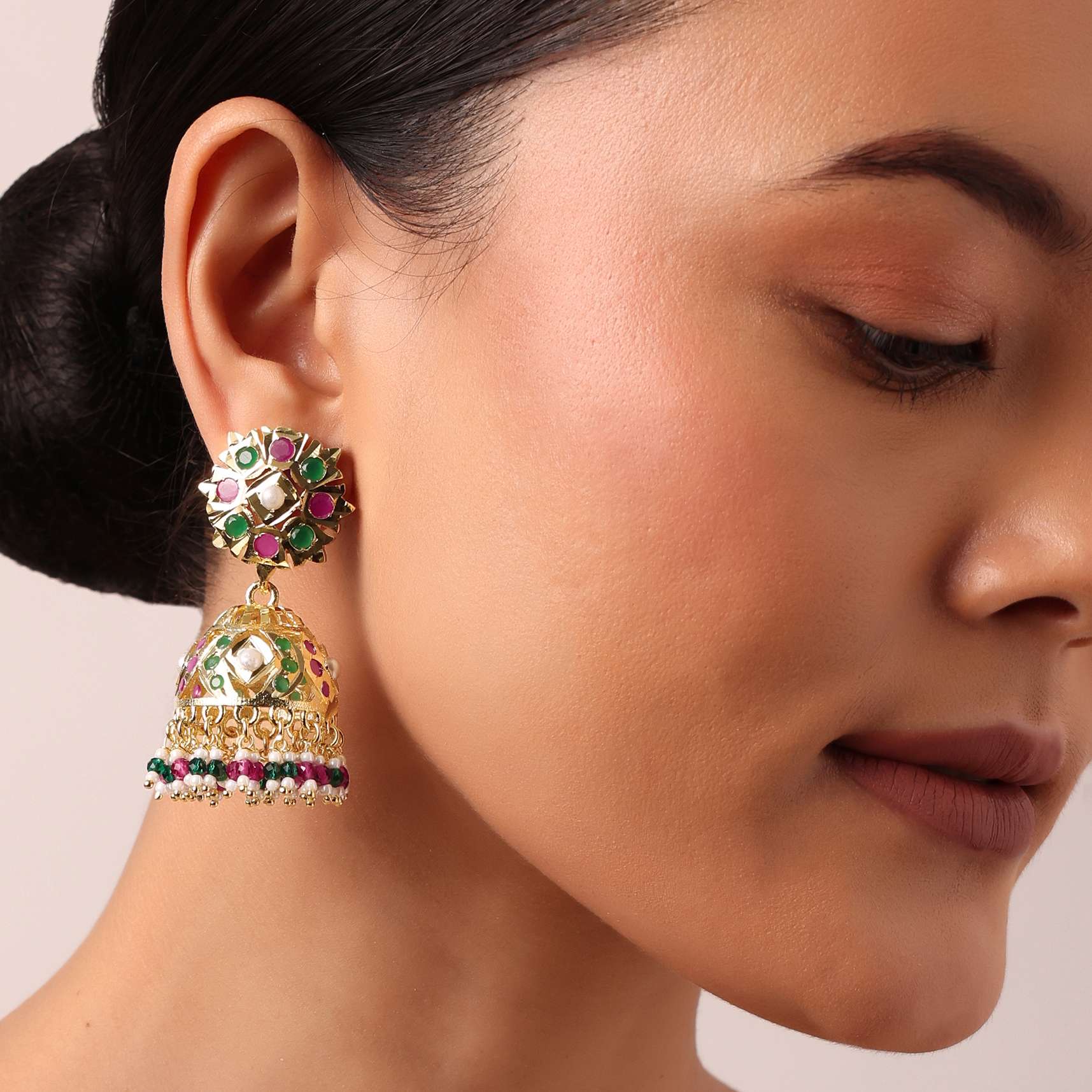Gold Tone Kundan Jhumkas With Multi Bead Drops