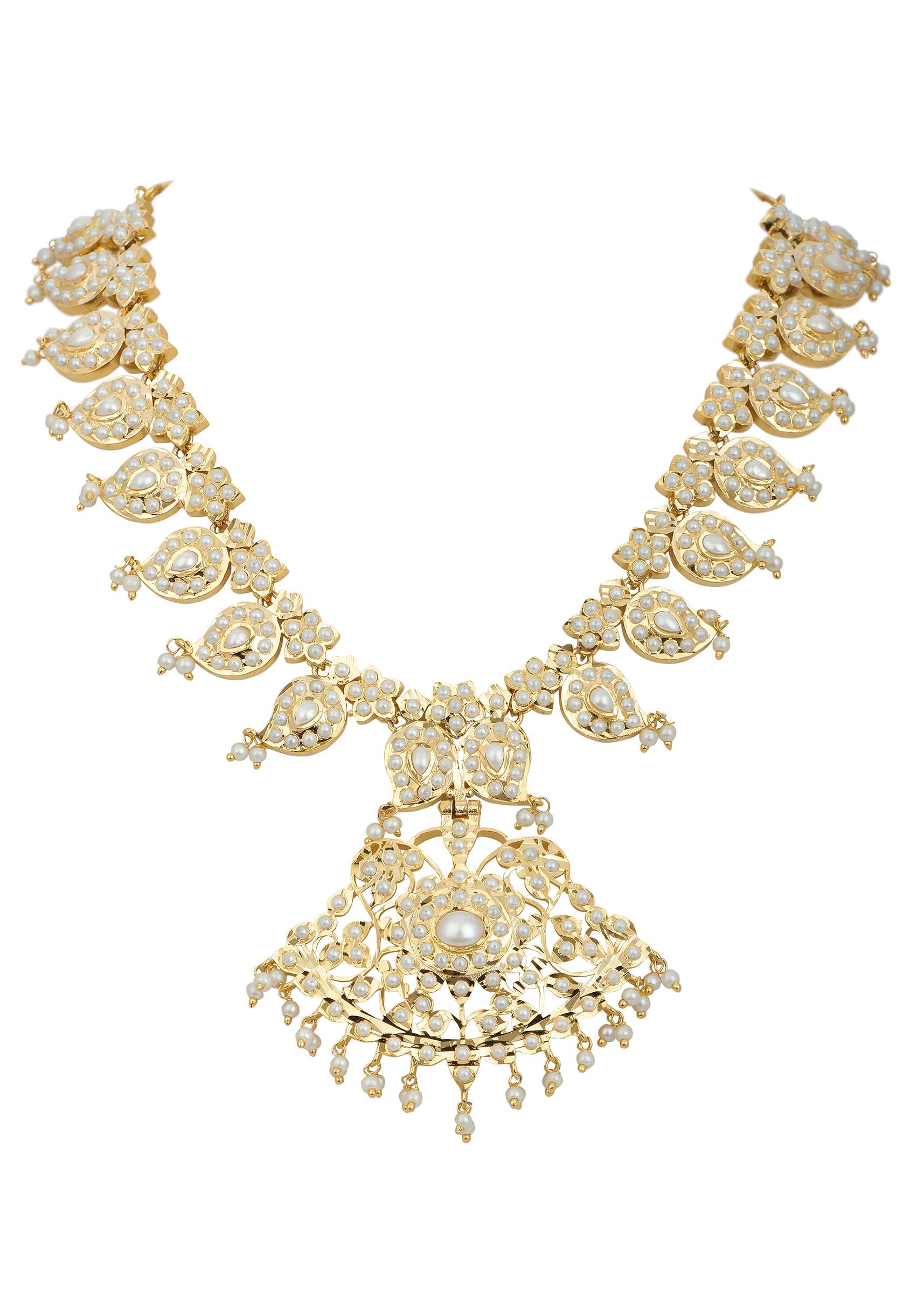 Gold Tone Kundan Necklace Set With Floral Pendant Drop - Image 4