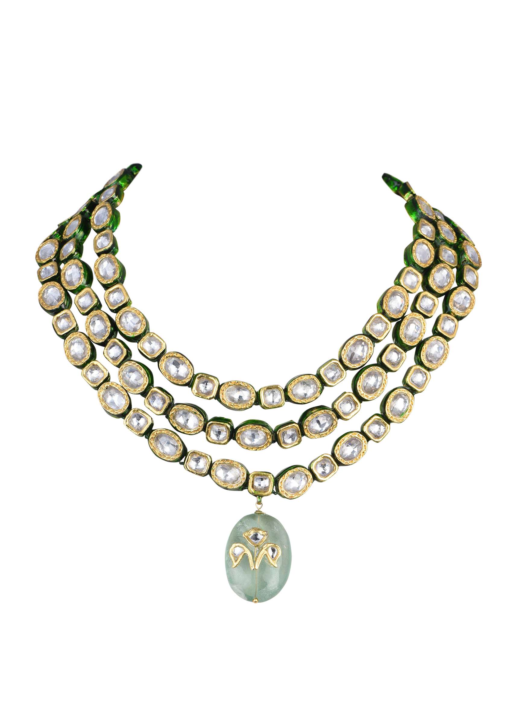Gold Tone Layered Kundan Necklace With Green Pendant Stone Drop - Image 2