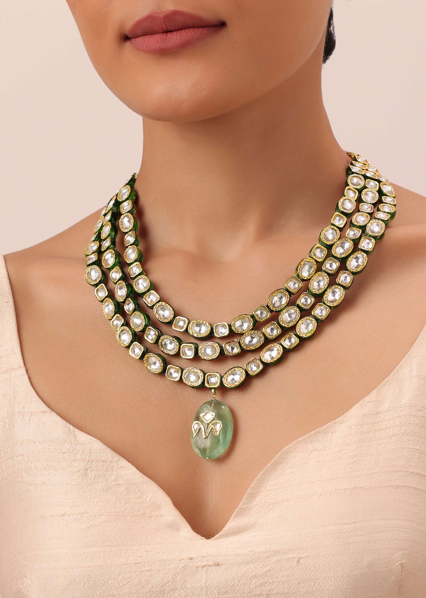Gold Tone Layered Kundan Necklace With Green Pendant Stone Drop - Image 3