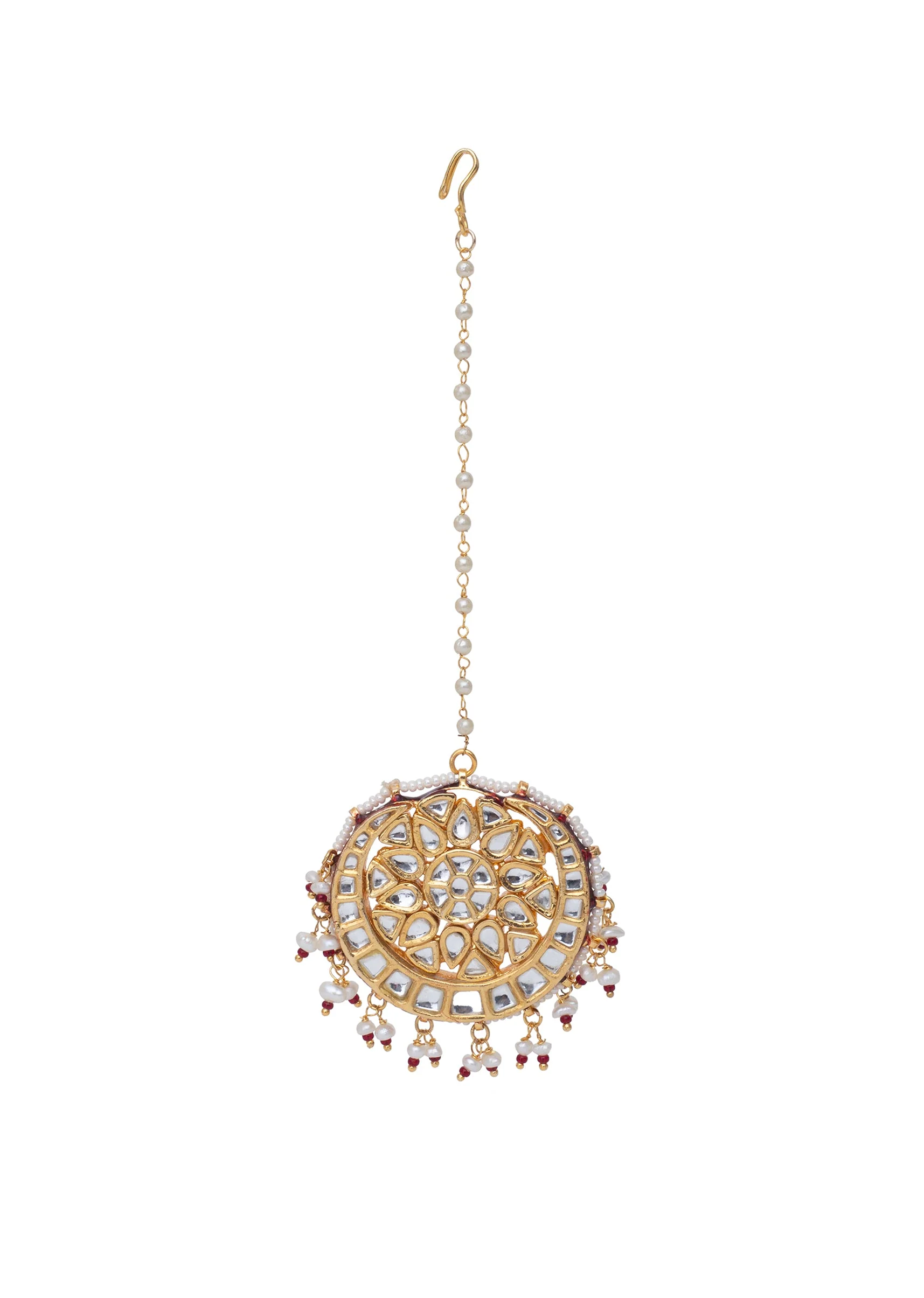 Gold Tone Maang Tikka With Polki Stones And Pearl Accents - Image 2