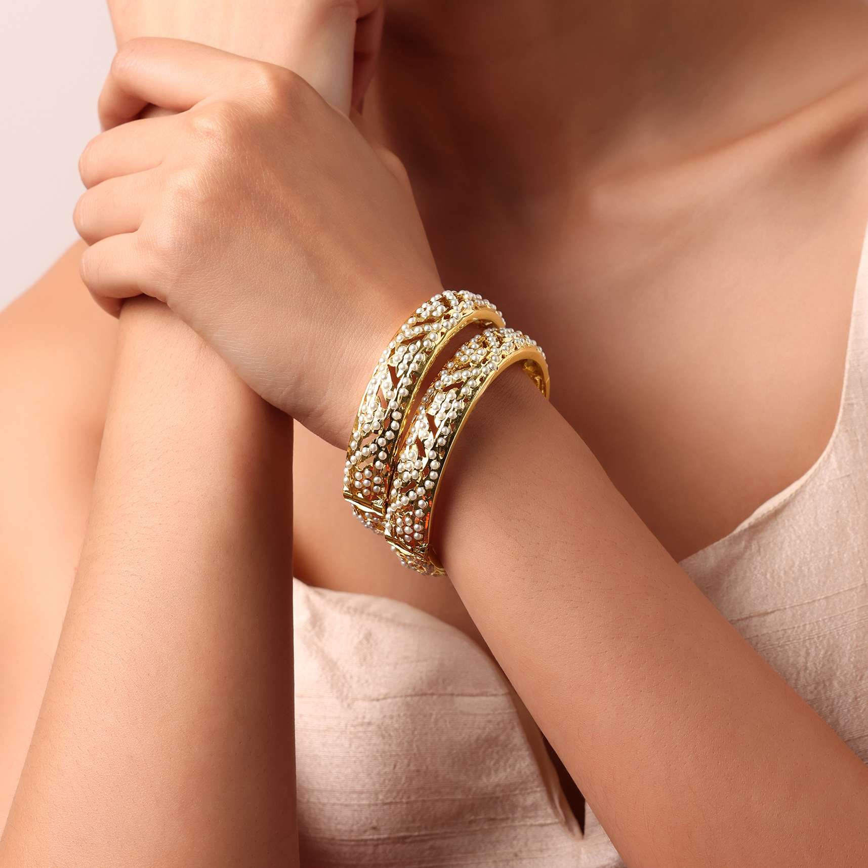 Gold Tone Multicolor Bangle With Kundan And Beads Set of 2 - Image 2