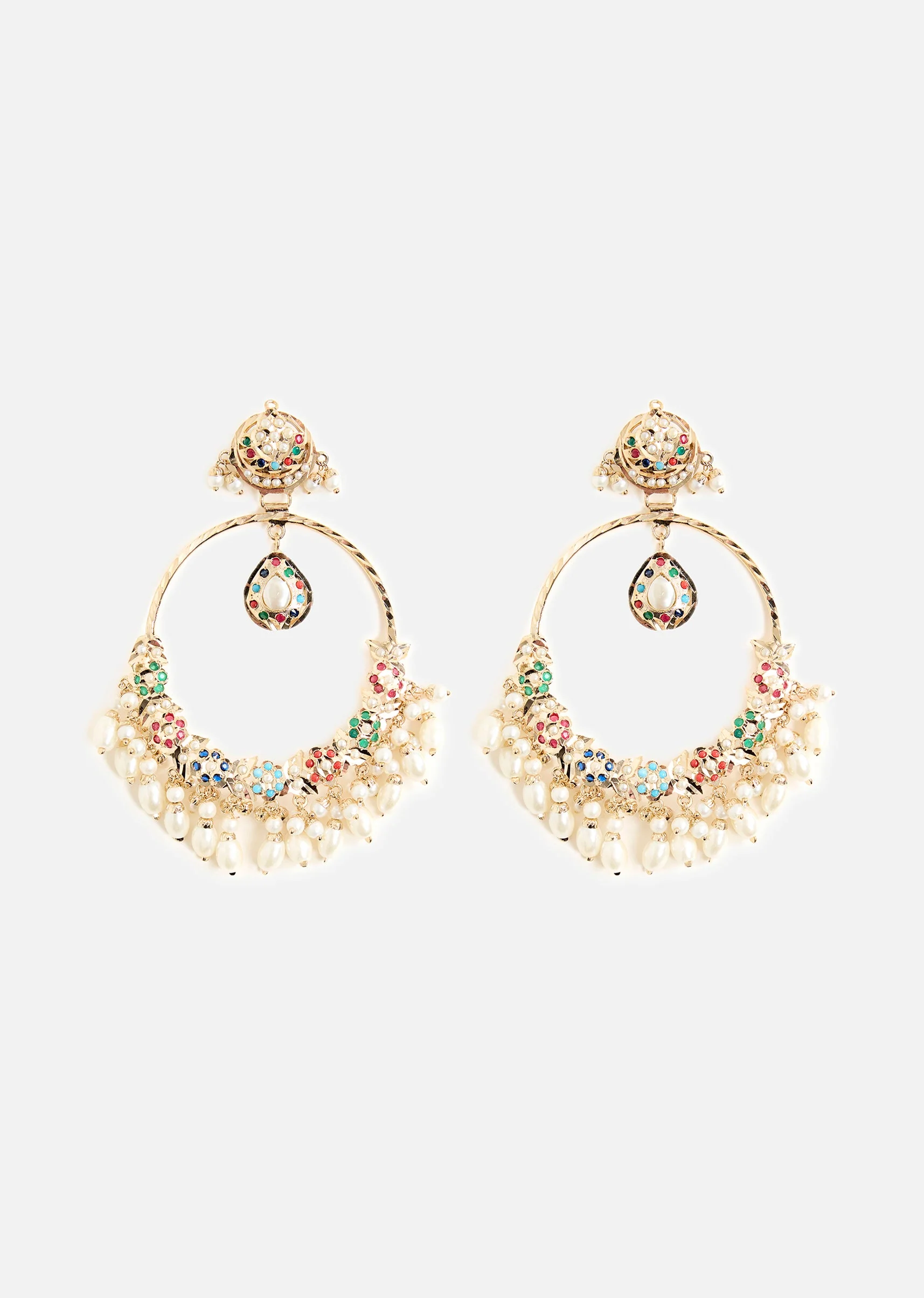 Gold Tone Oversized Chandbali Earrings With Stone and Pearl Detailing - Image 2