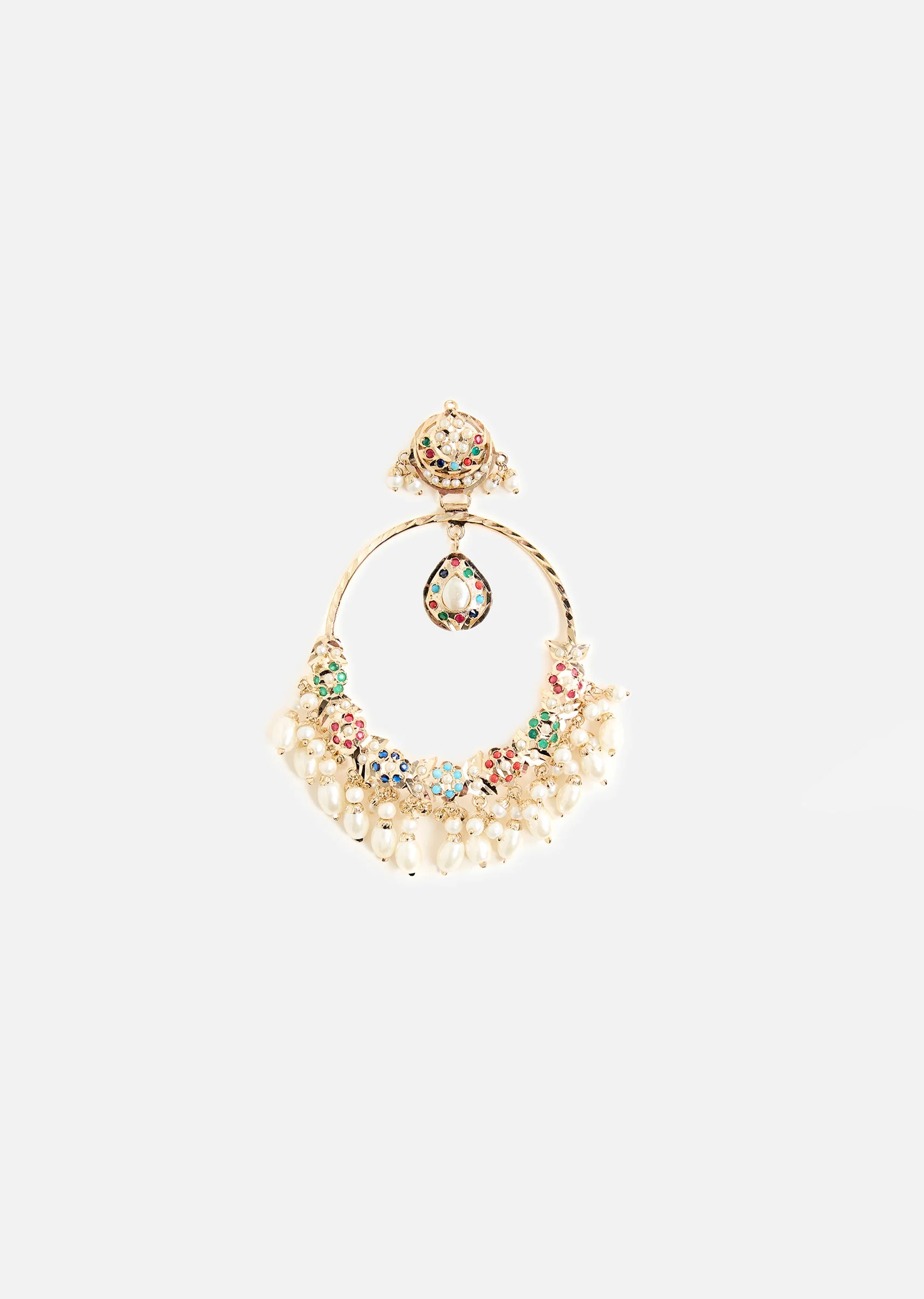 Gold Tone Oversized Chandbali Earrings With Stone and Pearl Detailing - Image 3
