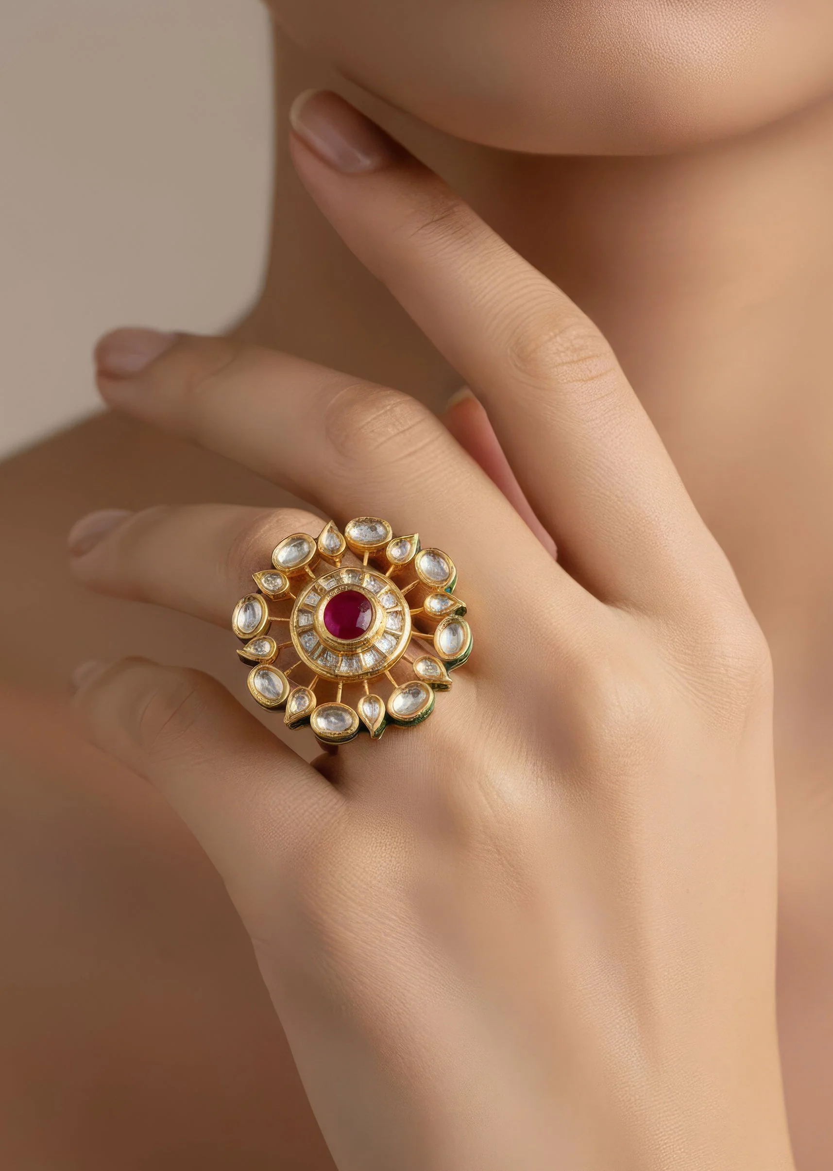 Gold Tone Oversized Ring With Red Stone and Kundan Detailing