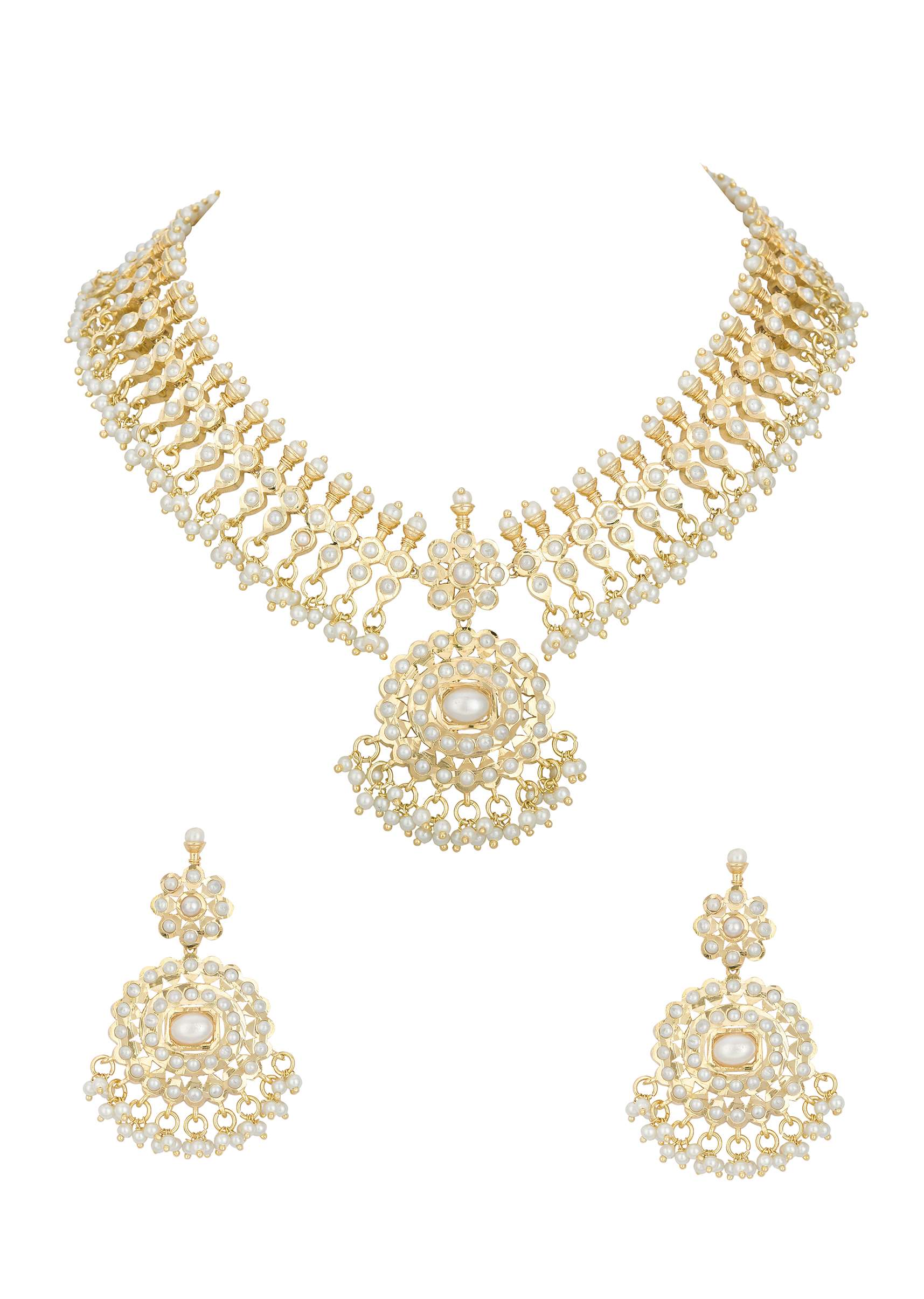 Gold Tone Pendant Kundan Necklace Set With Beads - Image 3