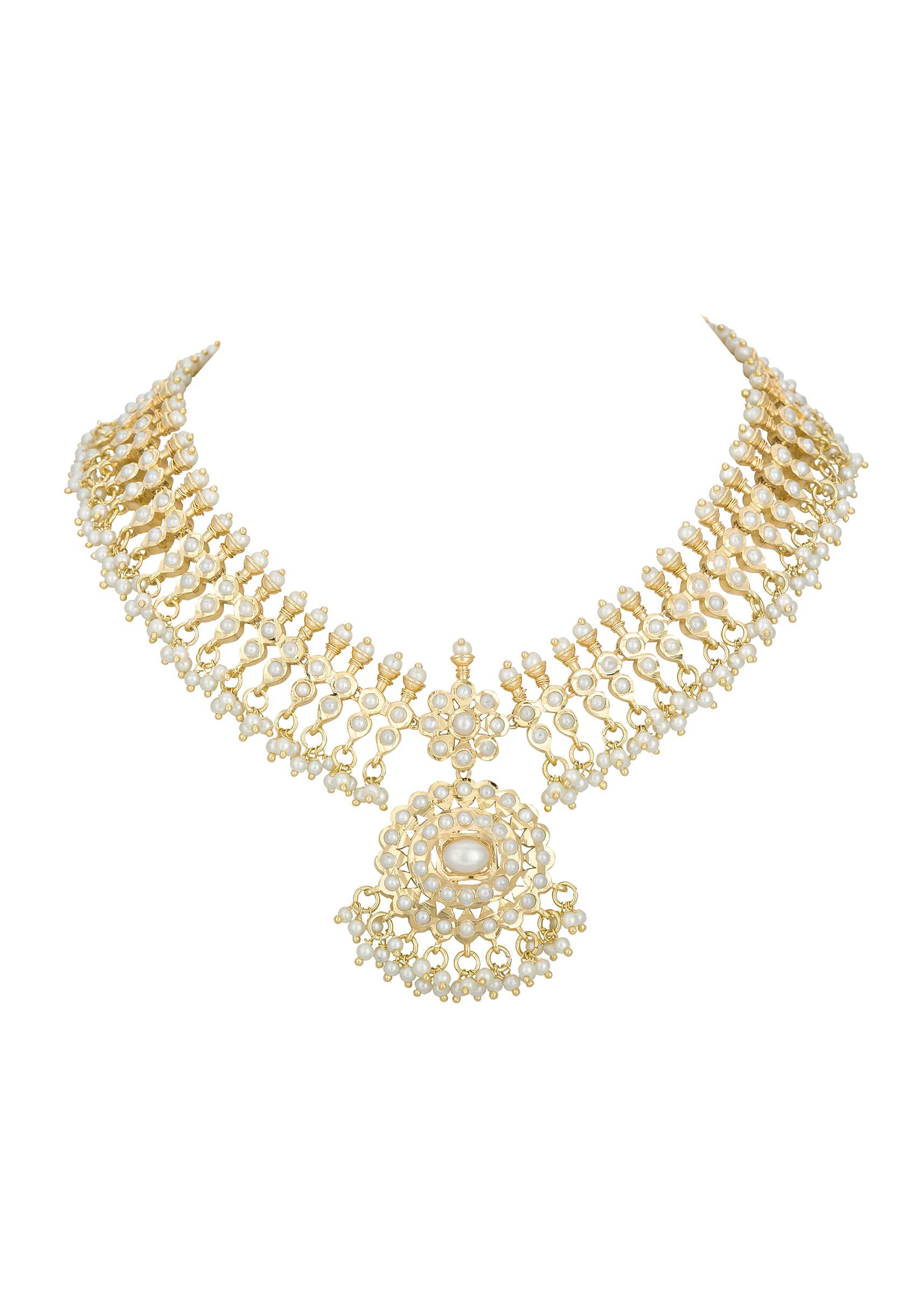 Gold Tone Pendant Kundan Necklace Set With Beads - Image 4