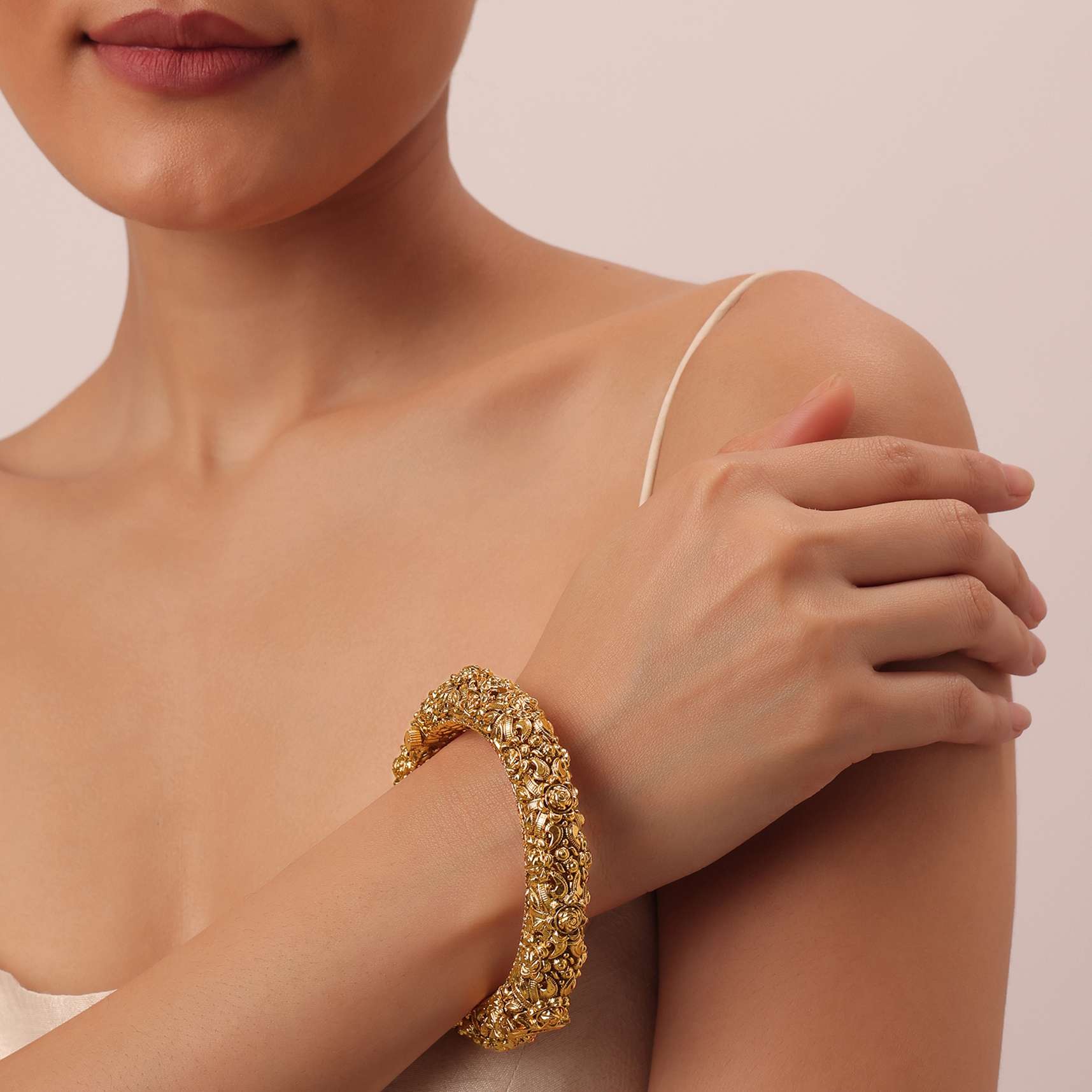 Gold Tone Temple Bangle With Carved Detail - Image 4