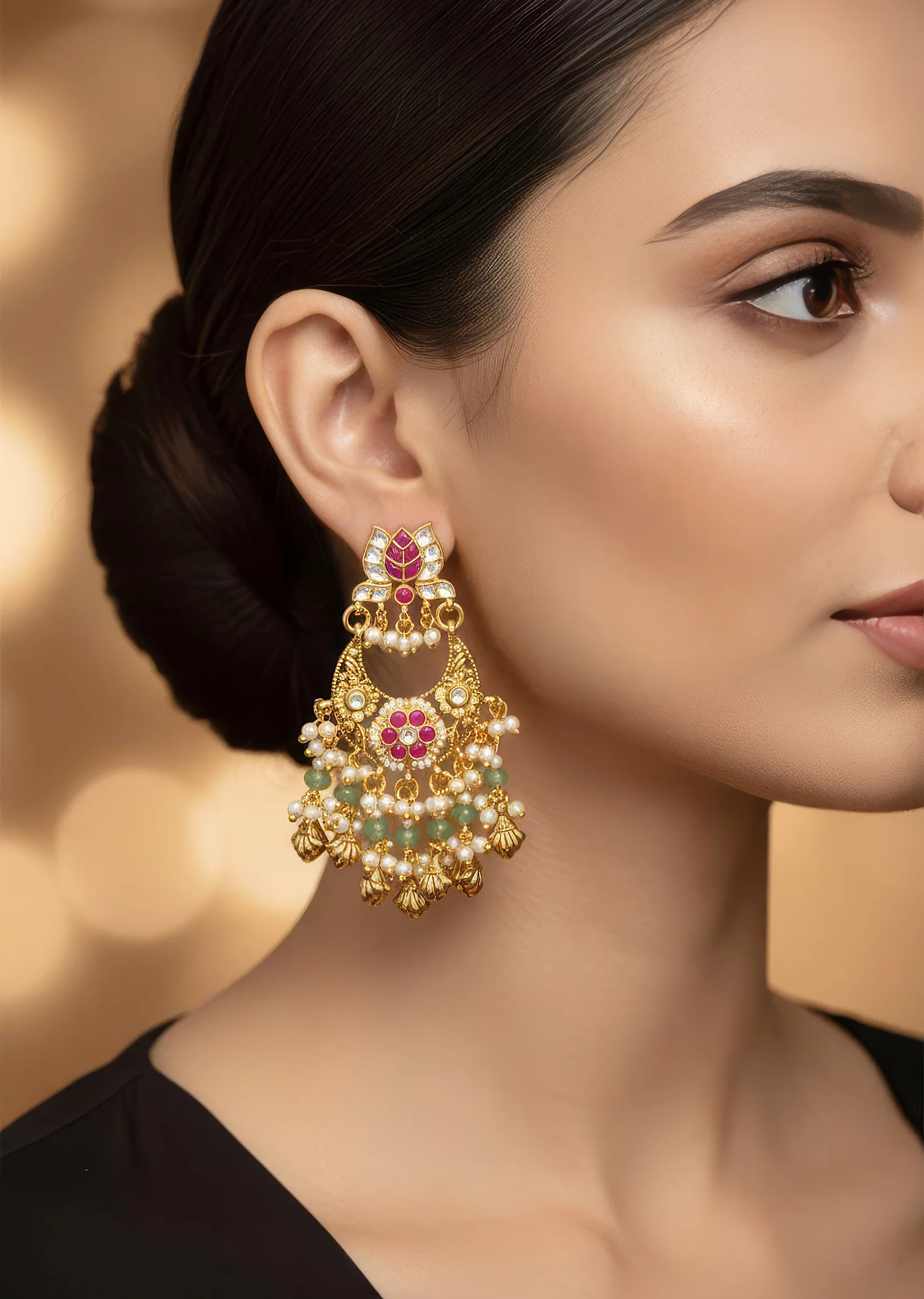 Gold Toned Chandbali Earrings With Kundan And Stone And Pearl Detailing